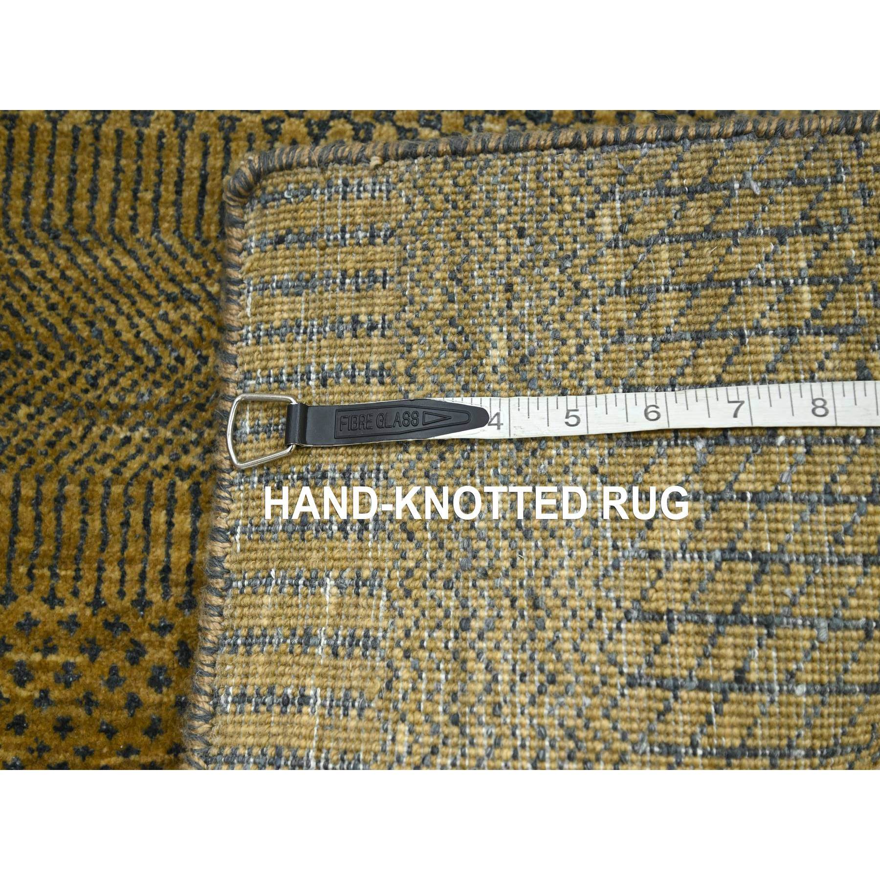 2'8"x12'2" Golden Brown, Wool and Silk, Modern Grass Design, Hand Knotted, Denser Weave, Soft To the Touch, Runner, Oriental Rug Sh83222