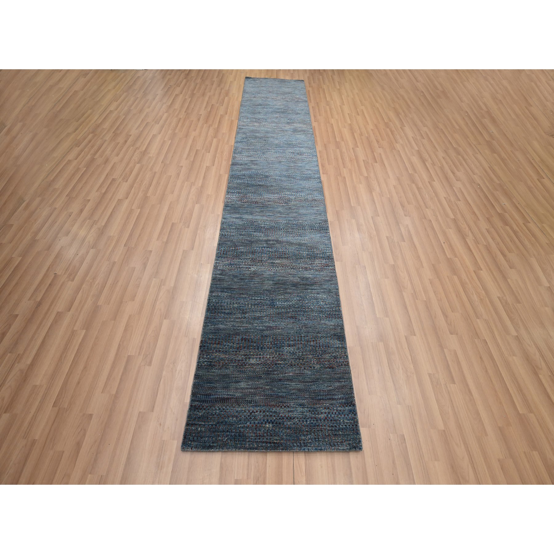 2'7"x12'3" Space Cadet Blue, Modern Grass Design, Denser Weave, Wool and Silk, Hand Knotted, Lush and Plush, Runner, Oriental Rug Sh83223