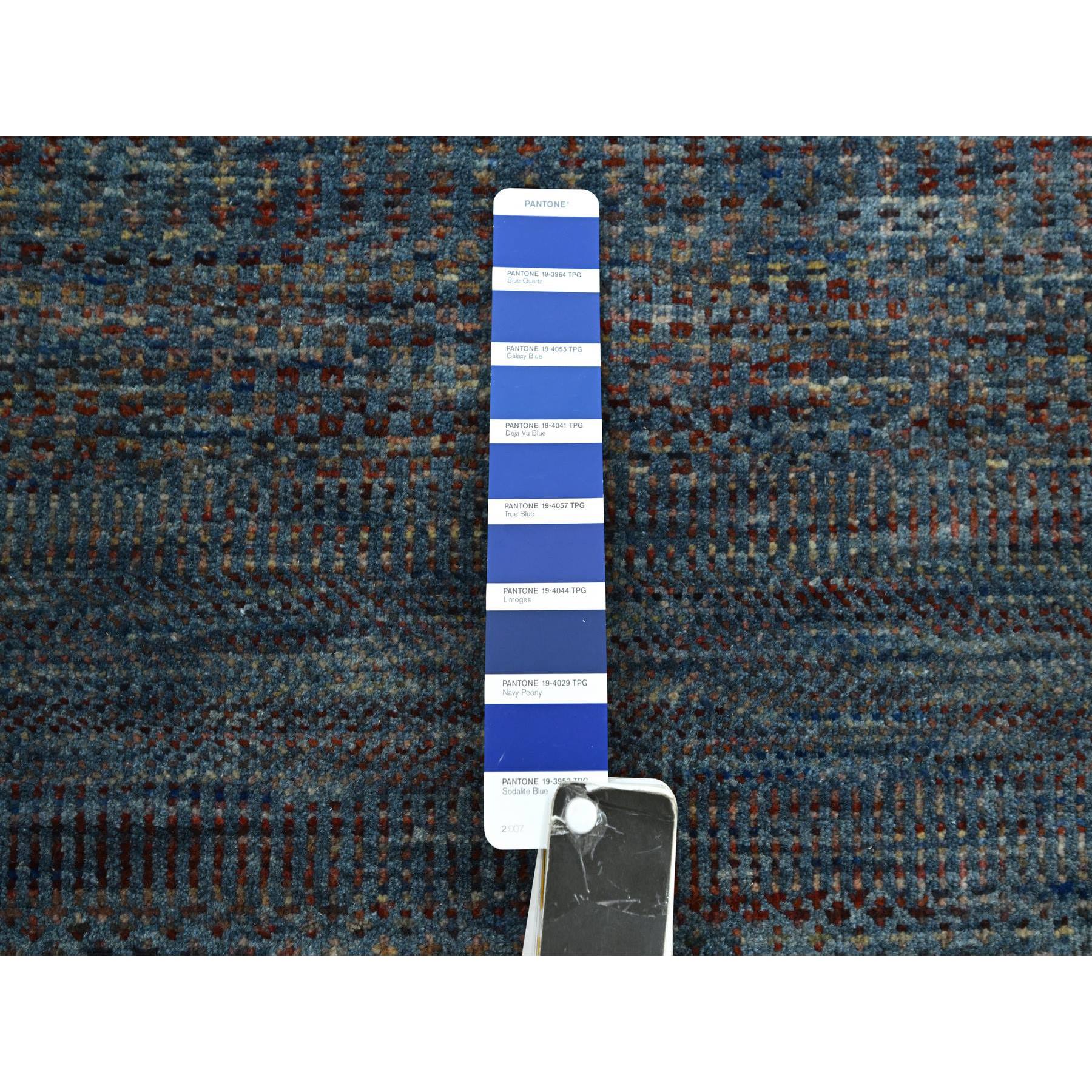 2'7"x12'3" Space Cadet Blue, Modern Grass Design, Denser Weave, Wool and Silk, Hand Knotted, Lush and Plush, Runner, Oriental Rug Sh83223