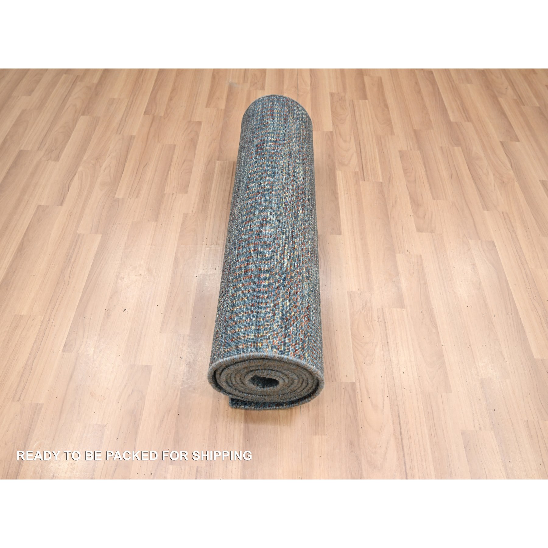 2'7"x12'3" Space Cadet Blue, Modern Grass Design, Denser Weave, Wool and Silk, Hand Knotted, Lush and Plush, Runner, Oriental Rug Sh83223