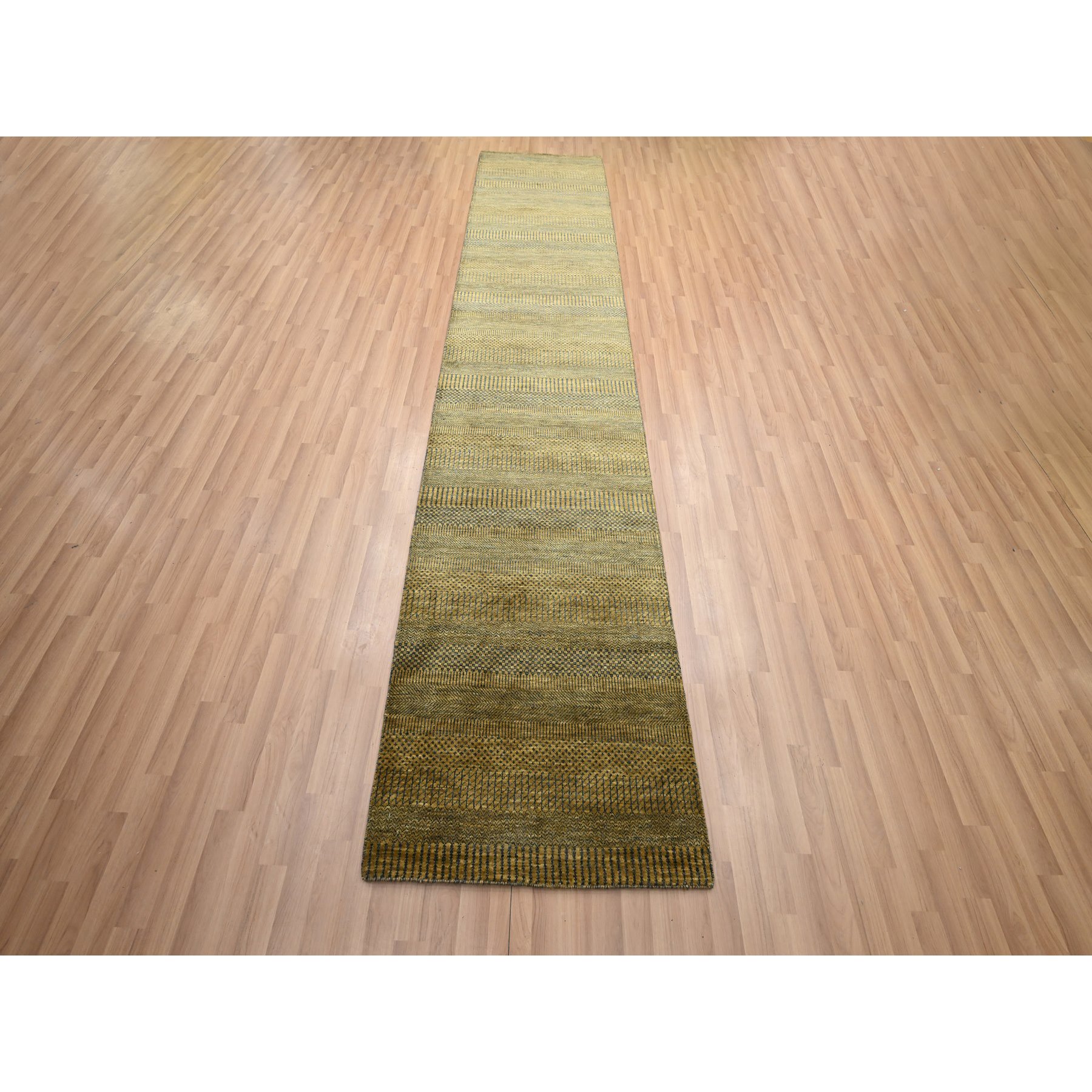 2'8"x12'3" Shades of Brown, Modern Grass Design, Hand Knotted, Denser Weave, Wool and Silk, Soft Pile, Runner, Oriental Rug Sh83224