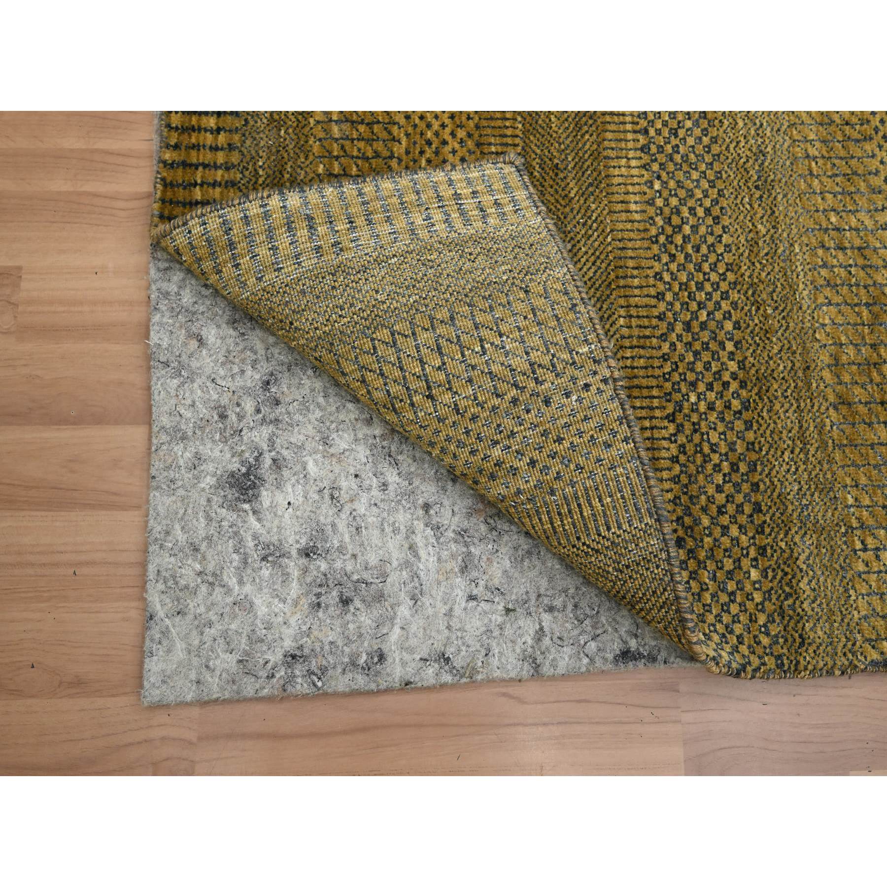 2'8"x12'3" Shades of Brown, Modern Grass Design, Hand Knotted, Denser Weave, Wool and Silk, Soft Pile, Runner, Oriental Rug Sh83224