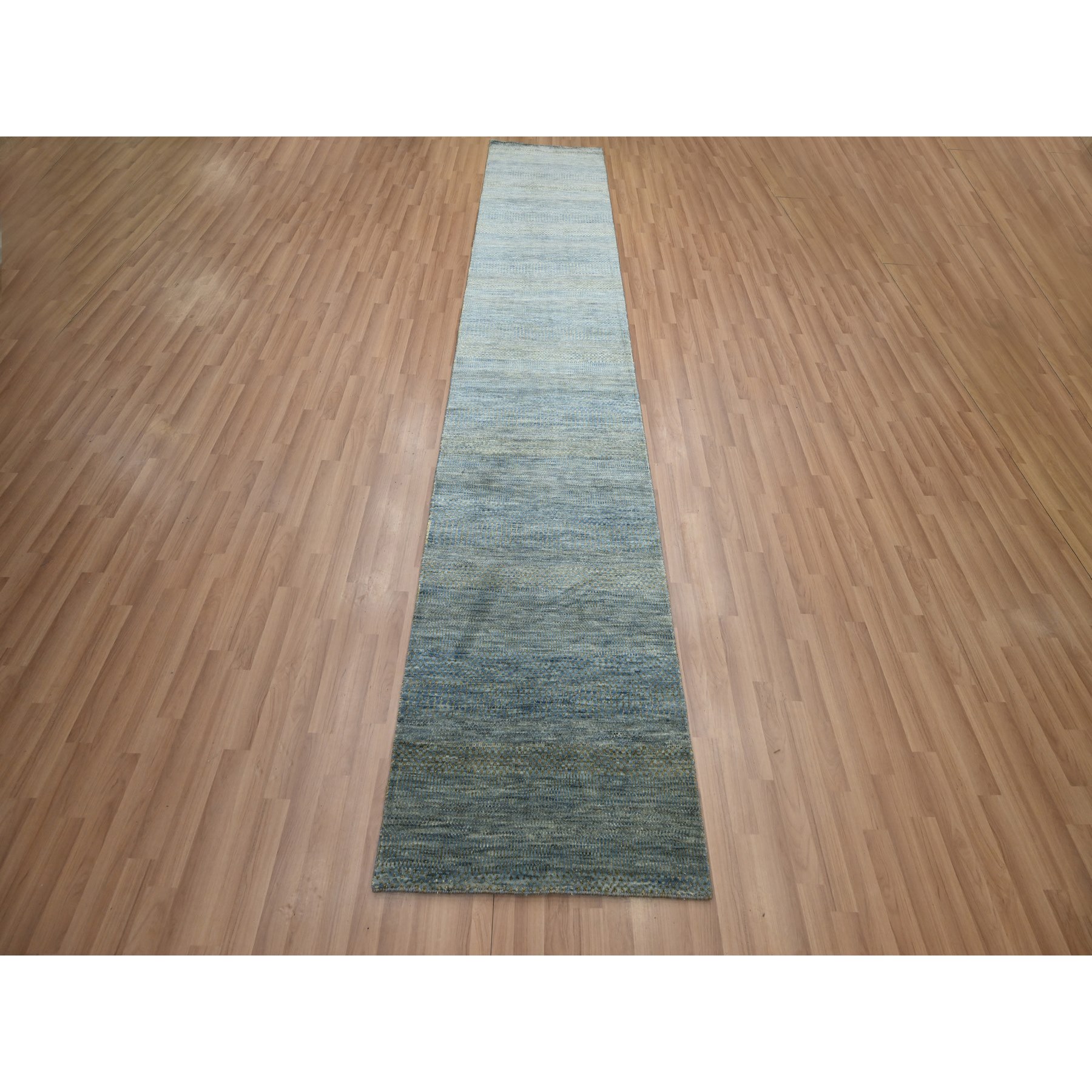 2'7"x12'3" Ensign Blue, Wool and Silk, Modern Grass Design, Hand Knotted, Denser Weave, Lush and Plush, Runner, Oriental Rug Sh83225