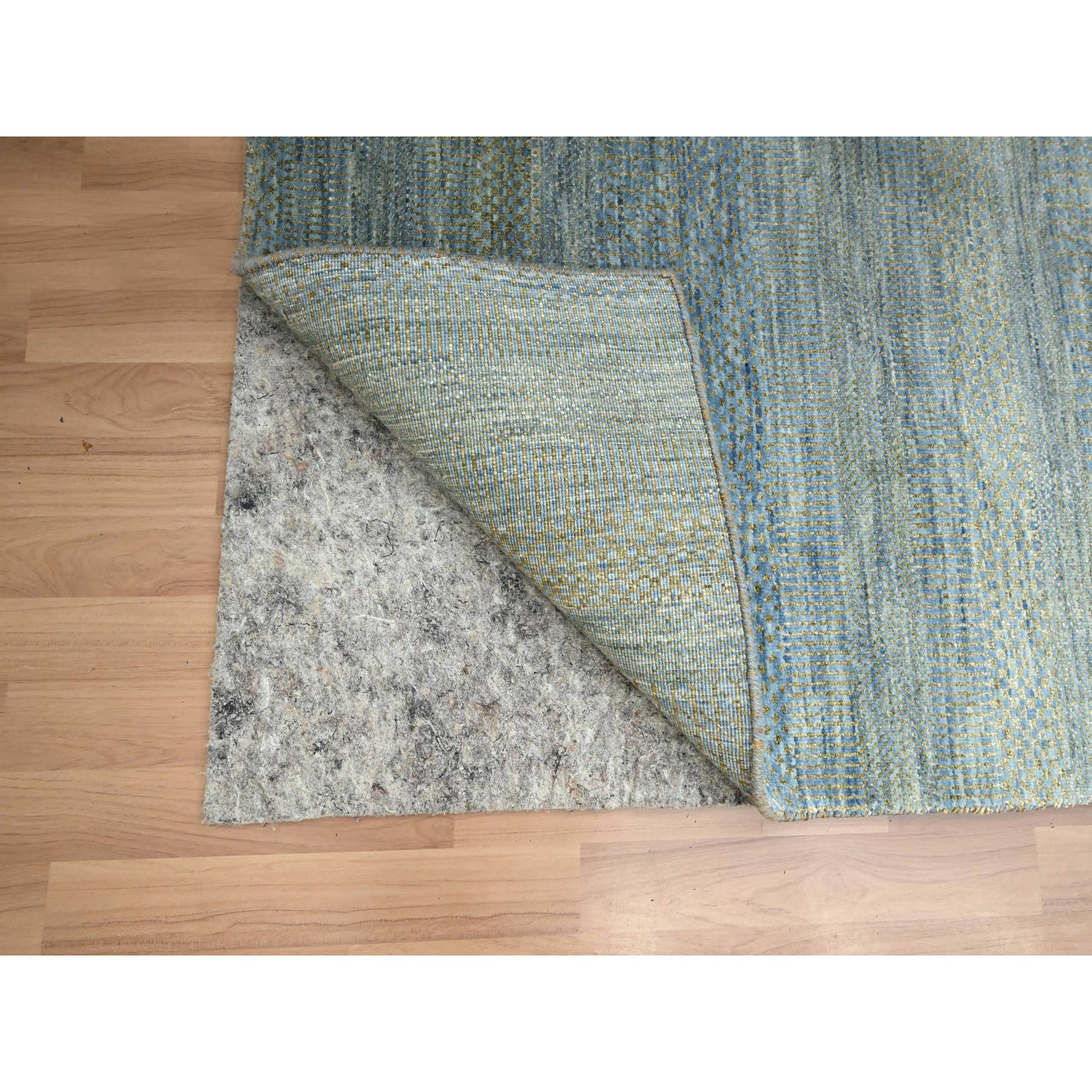 2'7"x12'3" Ensign Blue, Wool and Silk, Modern Grass Design, Hand Knotted, Denser Weave, Lush and Plush, Runner, Oriental Rug Sh83225