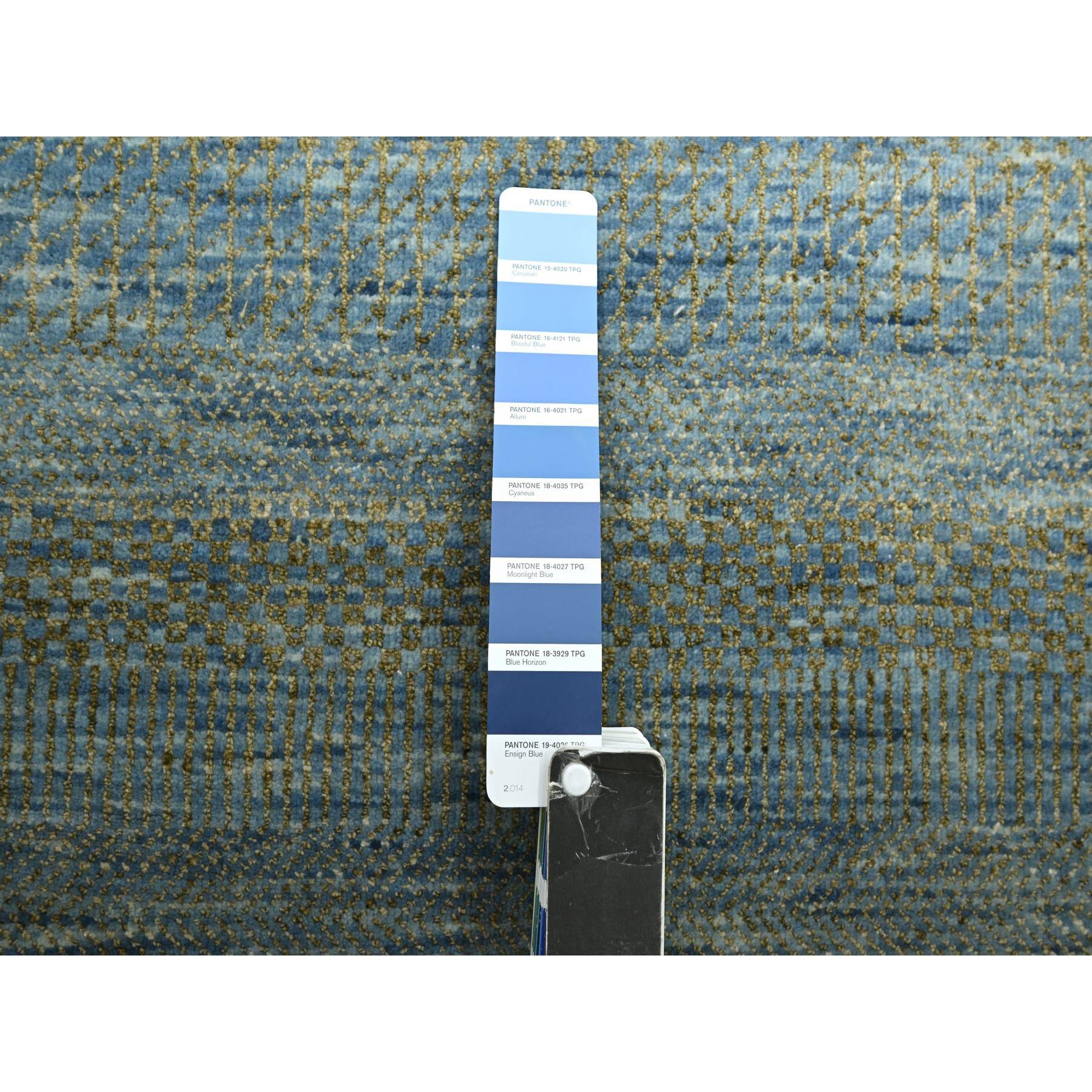 2'7"x12'3" Ensign Blue, Wool and Silk, Modern Grass Design, Hand Knotted, Denser Weave, Lush and Plush, Runner, Oriental Rug Sh83225