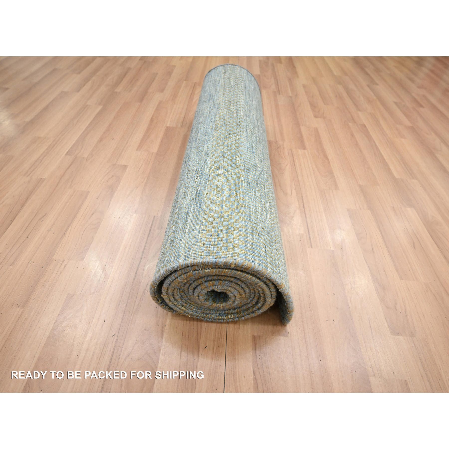 2'7"x12'3" Ensign Blue, Wool and Silk, Modern Grass Design, Hand Knotted, Denser Weave, Lush and Plush, Runner, Oriental Rug Sh83225