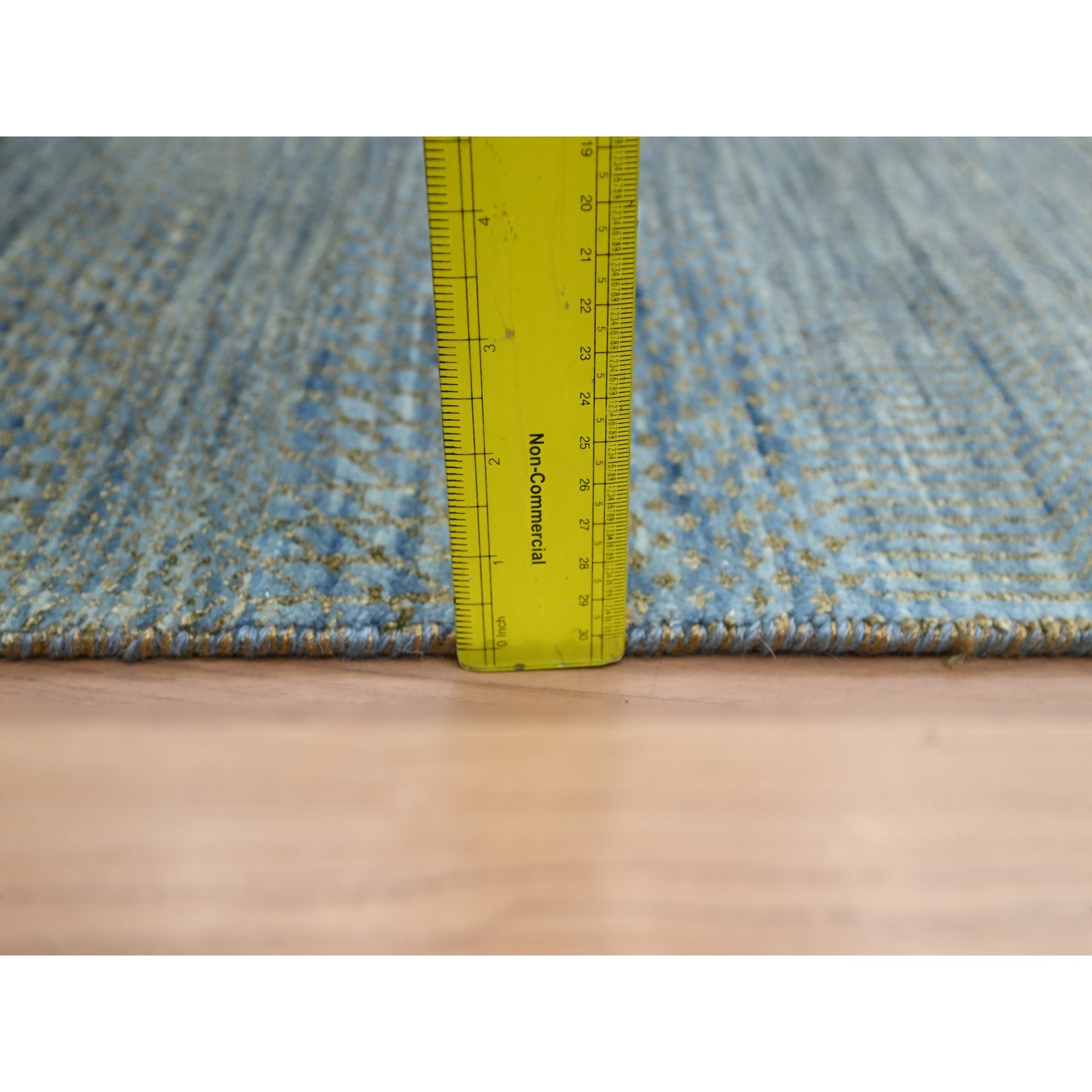 2'7"x12'3" Ensign Blue, Wool and Silk, Modern Grass Design, Hand Knotted, Denser Weave, Lush and Plush, Runner, Oriental Rug Sh83225
