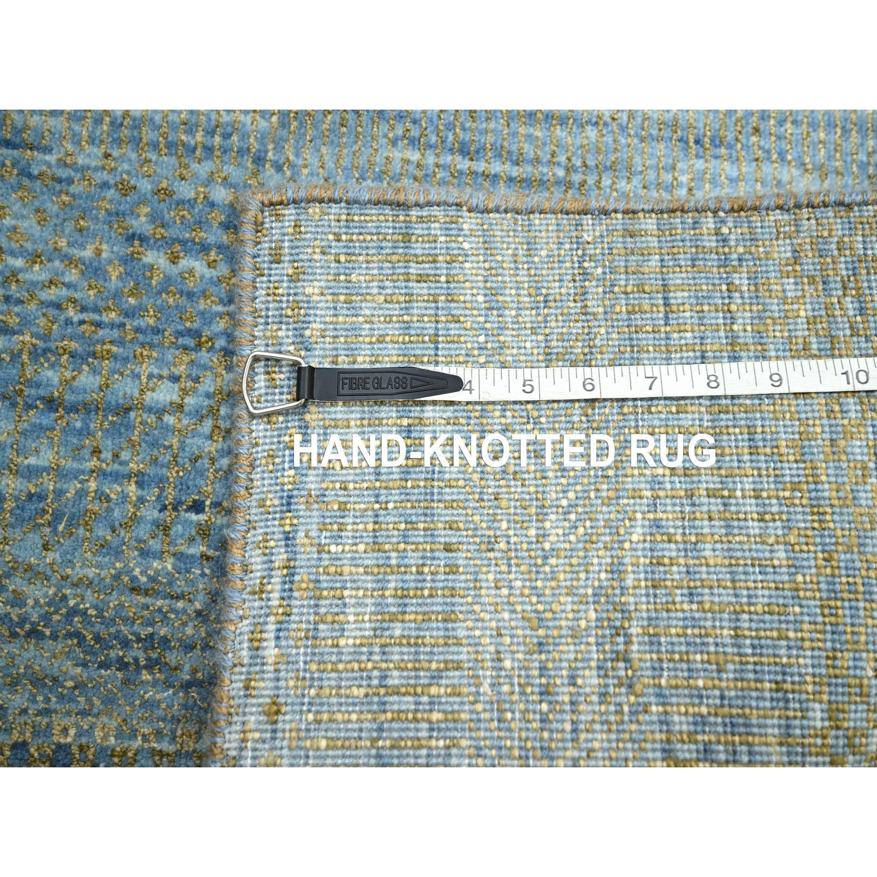 2'7"x12'3" Ensign Blue, Wool and Silk, Modern Grass Design, Hand Knotted, Denser Weave, Lush and Plush, Runner, Oriental Rug Sh83225