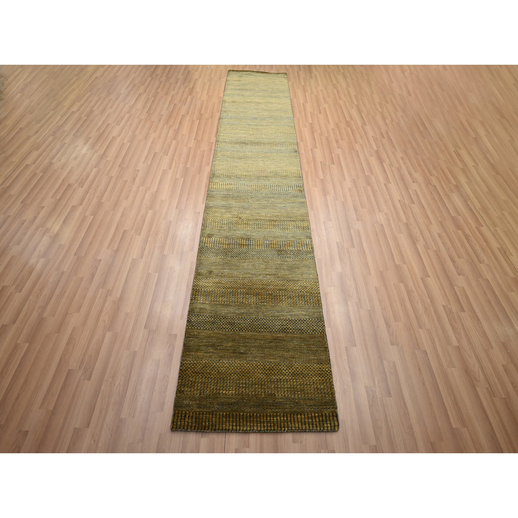 2'8"x12'3" Golden Brown, Modern Grass Design, Hand Knotted, Denser Weave, Wool and Silk, Soft to the Touch, Runner, Oriental Rug Sh83226