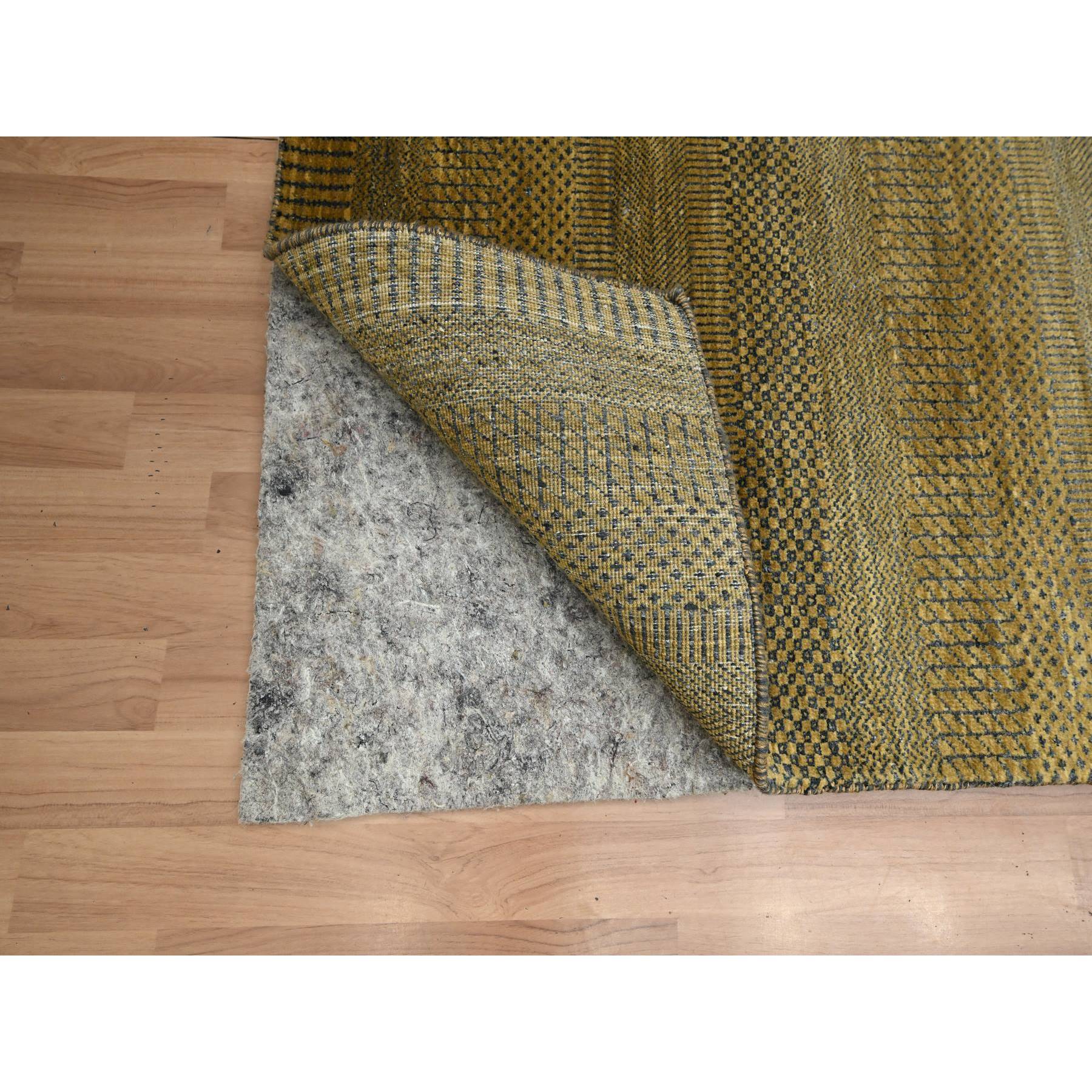 2'8"x12'3" Golden Brown, Modern Grass Design, Hand Knotted, Denser Weave, Wool and Silk, Soft to the Touch, Runner, Oriental Rug Sh83226