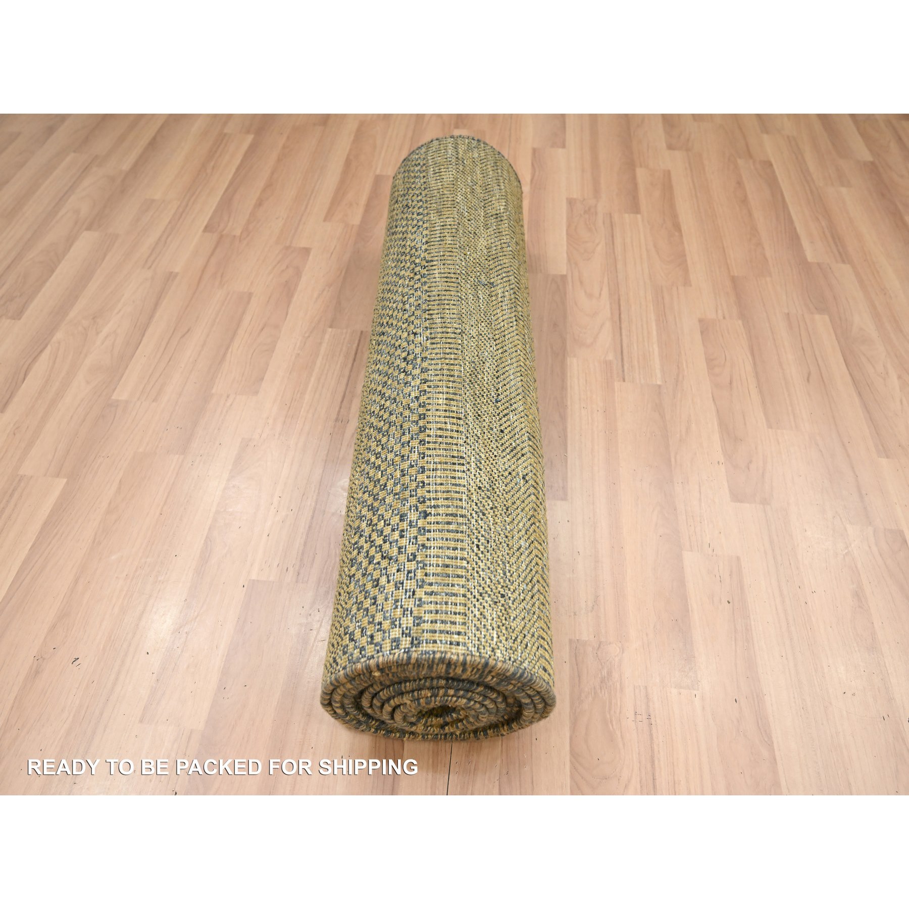 2'8"x12'3" Golden Brown, Modern Grass Design, Hand Knotted, Denser Weave, Wool and Silk, Soft to the Touch, Runner, Oriental Rug Sh83226