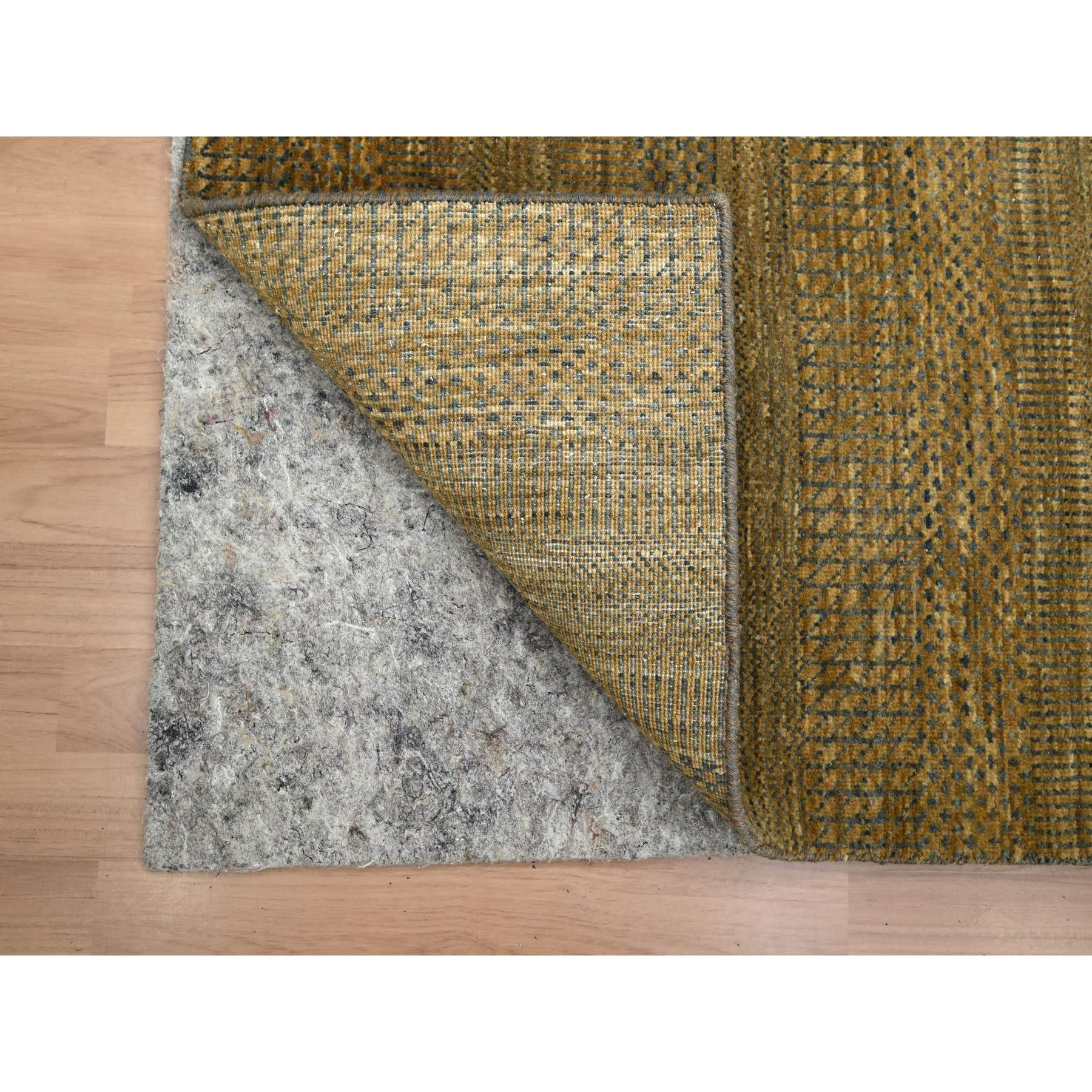 2'8"x8' Almond Brown, Modern Grass Design, Wool and Silk, Hand Knotted, Denser Weave, Lush and Plush, Runner, Oriental Rug Sh83228