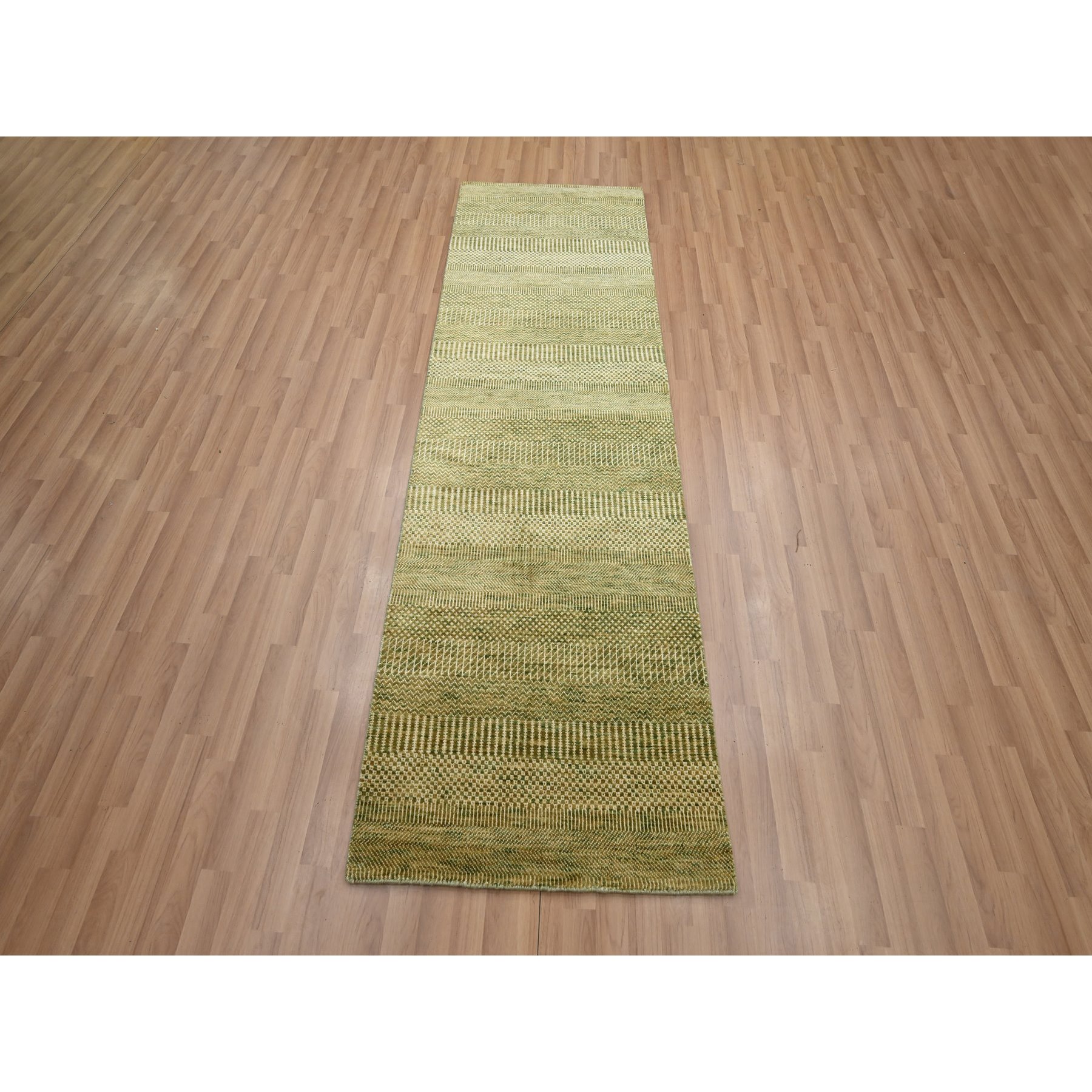2'8"x8'3" Khaki Brown, Modern Grass Design, Hand Knotted, Denser Weave, Wool and Silk, Lush and Plush, Runner, Oriental Rug Sh83229