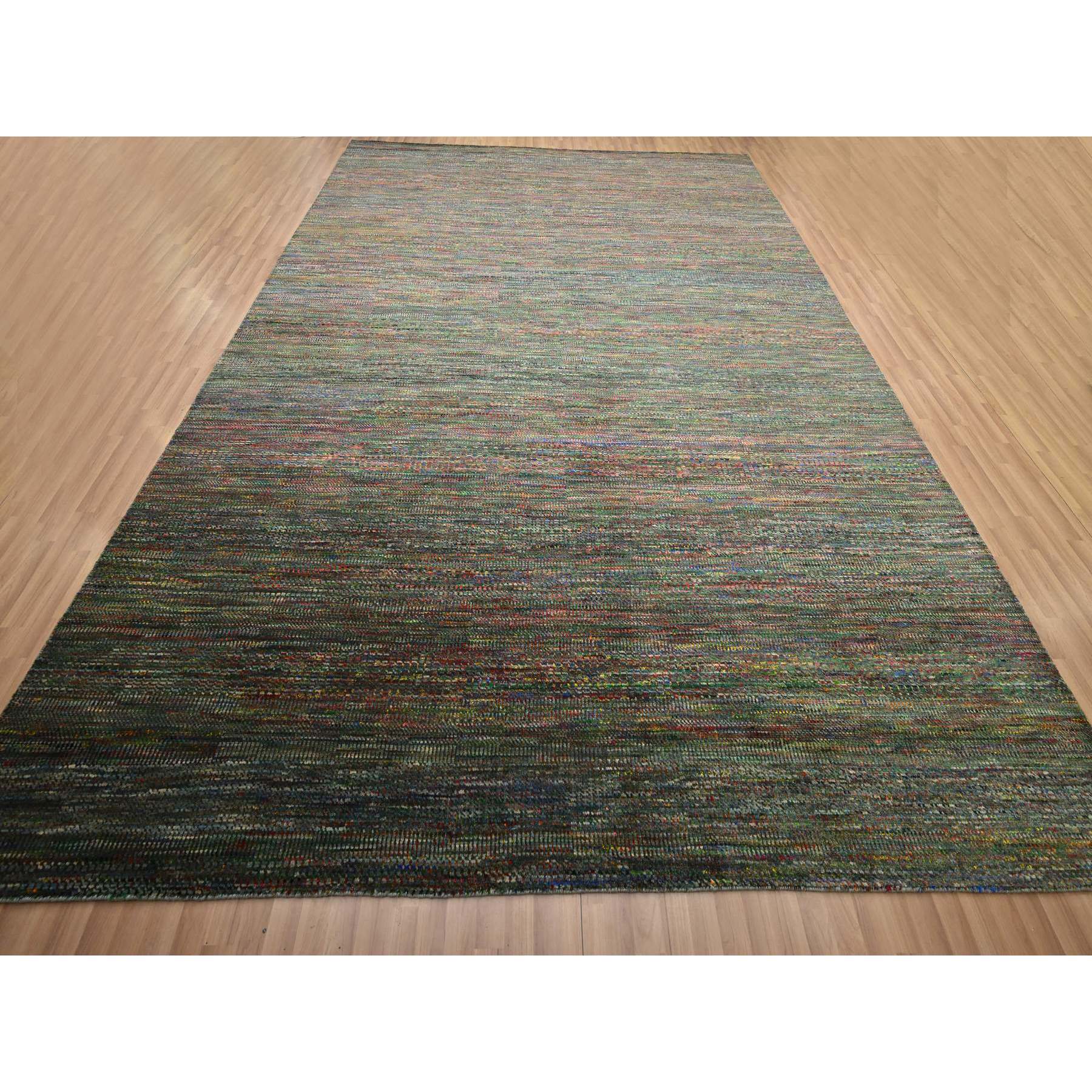 10'x14' Asphalt Black, Modern Grass Design, Wool and Silk, Hand Knotted, Tone on Tone, Lush and Plush, Oriental Rug Sh83234