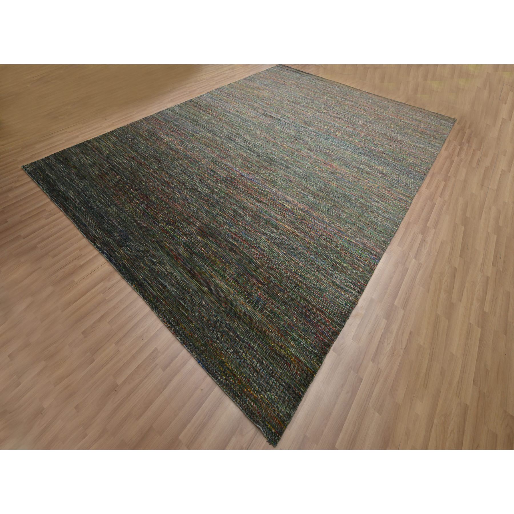 10'x14' Asphalt Black, Modern Grass Design, Wool and Silk, Hand Knotted, Tone on Tone, Lush and Plush, Oriental Rug Sh83234