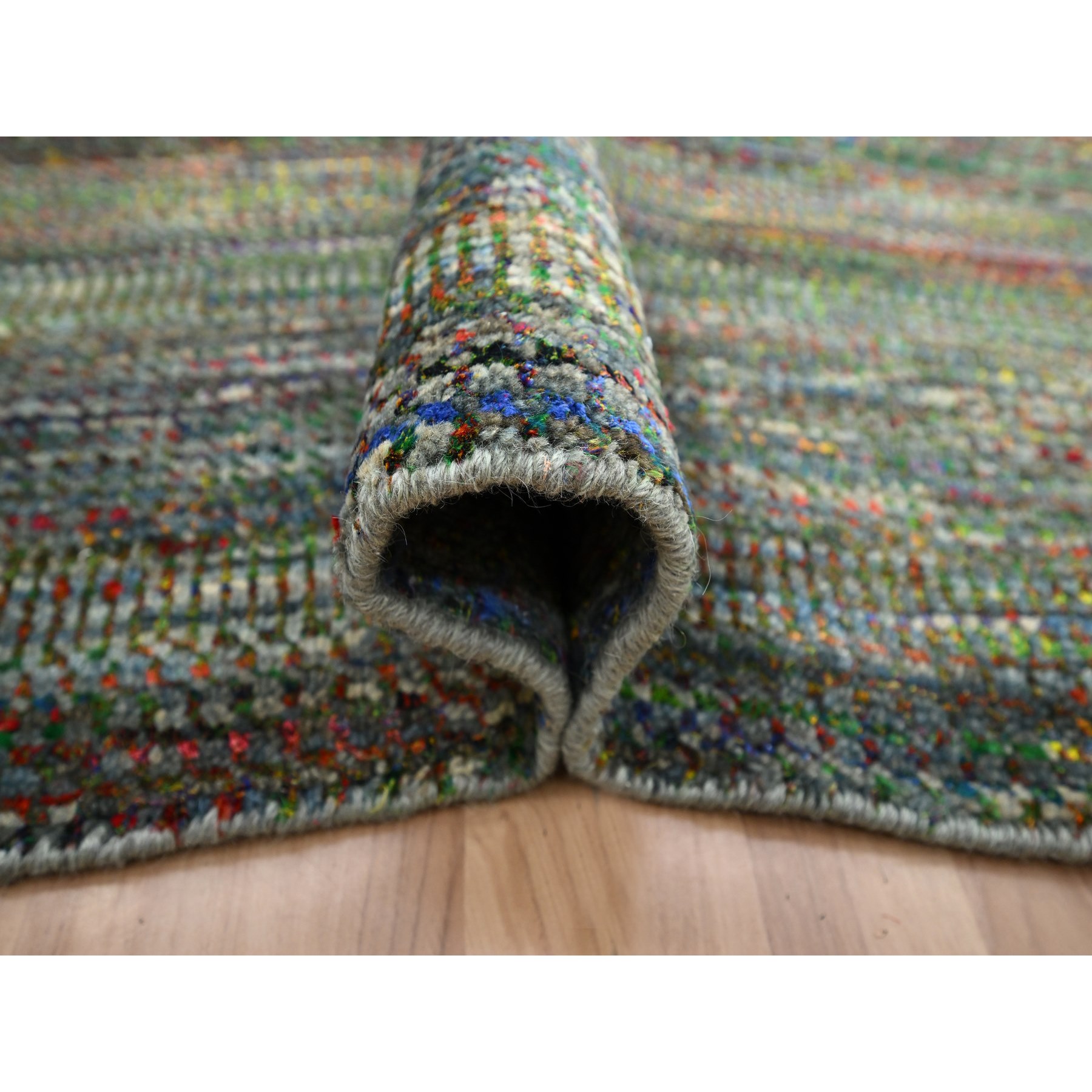 10'x14' Asphalt Black, Modern Grass Design, Wool and Silk, Hand Knotted, Tone on Tone, Lush and Plush, Oriental Rug Sh83234