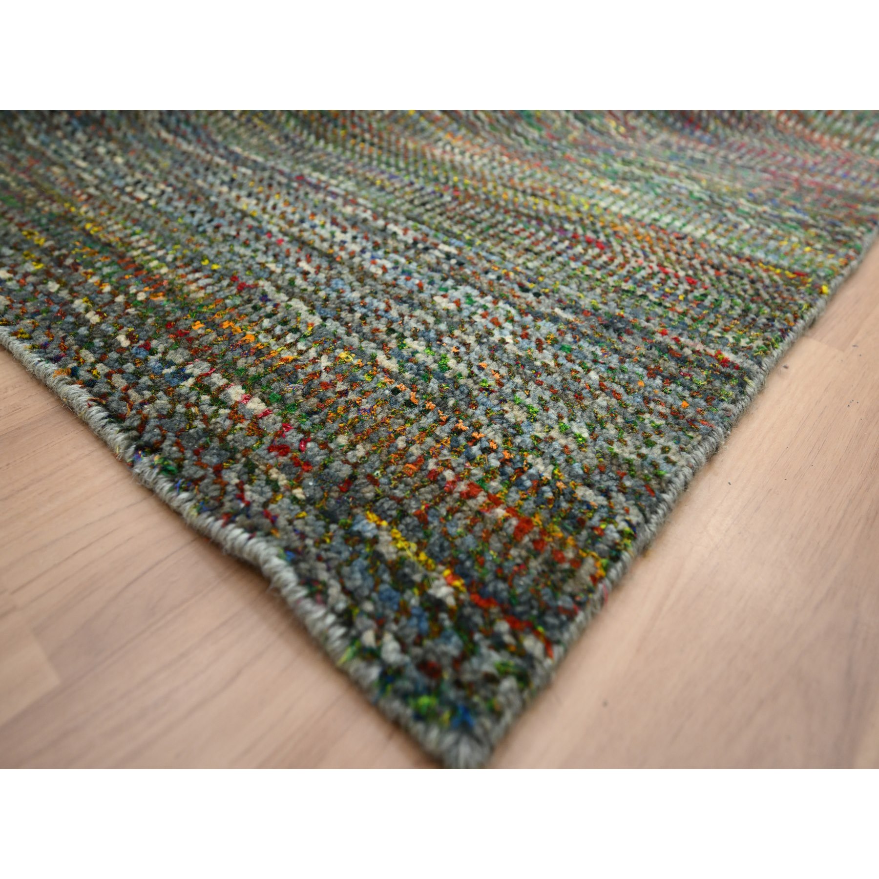 10'x14' Asphalt Black, Modern Grass Design, Wool and Silk, Hand Knotted, Tone on Tone, Lush and Plush, Oriental Rug Sh83234