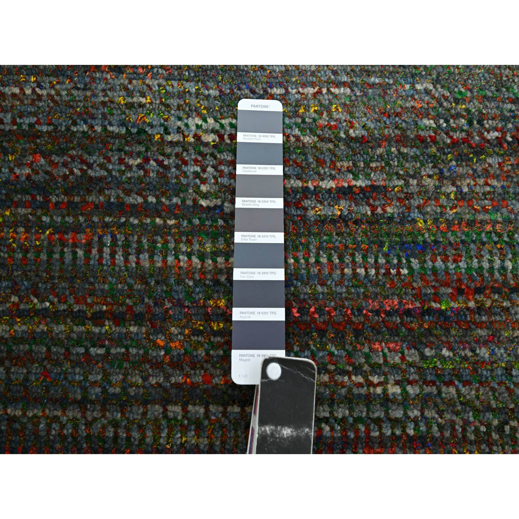10'x14' Asphalt Black, Modern Grass Design, Wool and Silk, Hand Knotted, Tone on Tone, Lush and Plush, Oriental Rug Sh83234