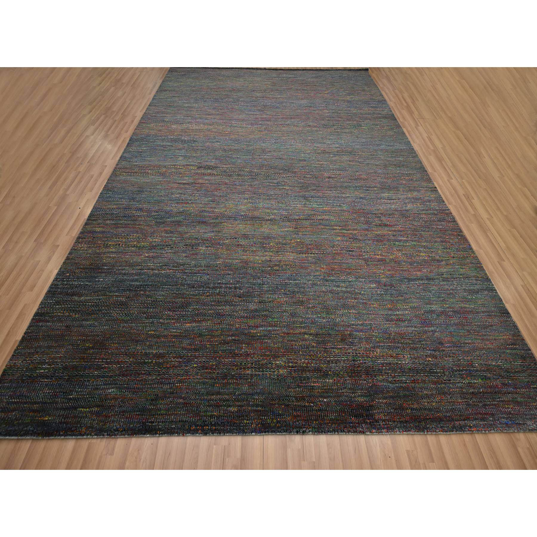 10'2"x13'10" Charcoal Gray, Modern, Hand Knotted, Colorful Grass Design, Wool and Silk, Tone on Tone, Soft Pile, Oriental Rug Sh83236