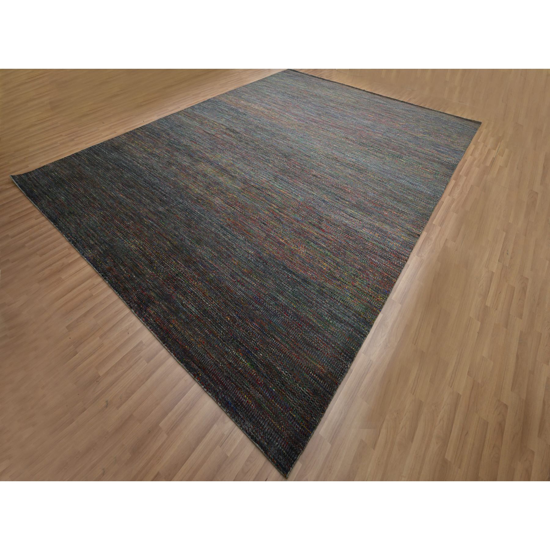 10'2"x13'10" Charcoal Gray, Modern, Hand Knotted, Colorful Grass Design, Wool and Silk, Tone on Tone, Soft Pile, Oriental Rug Sh83236