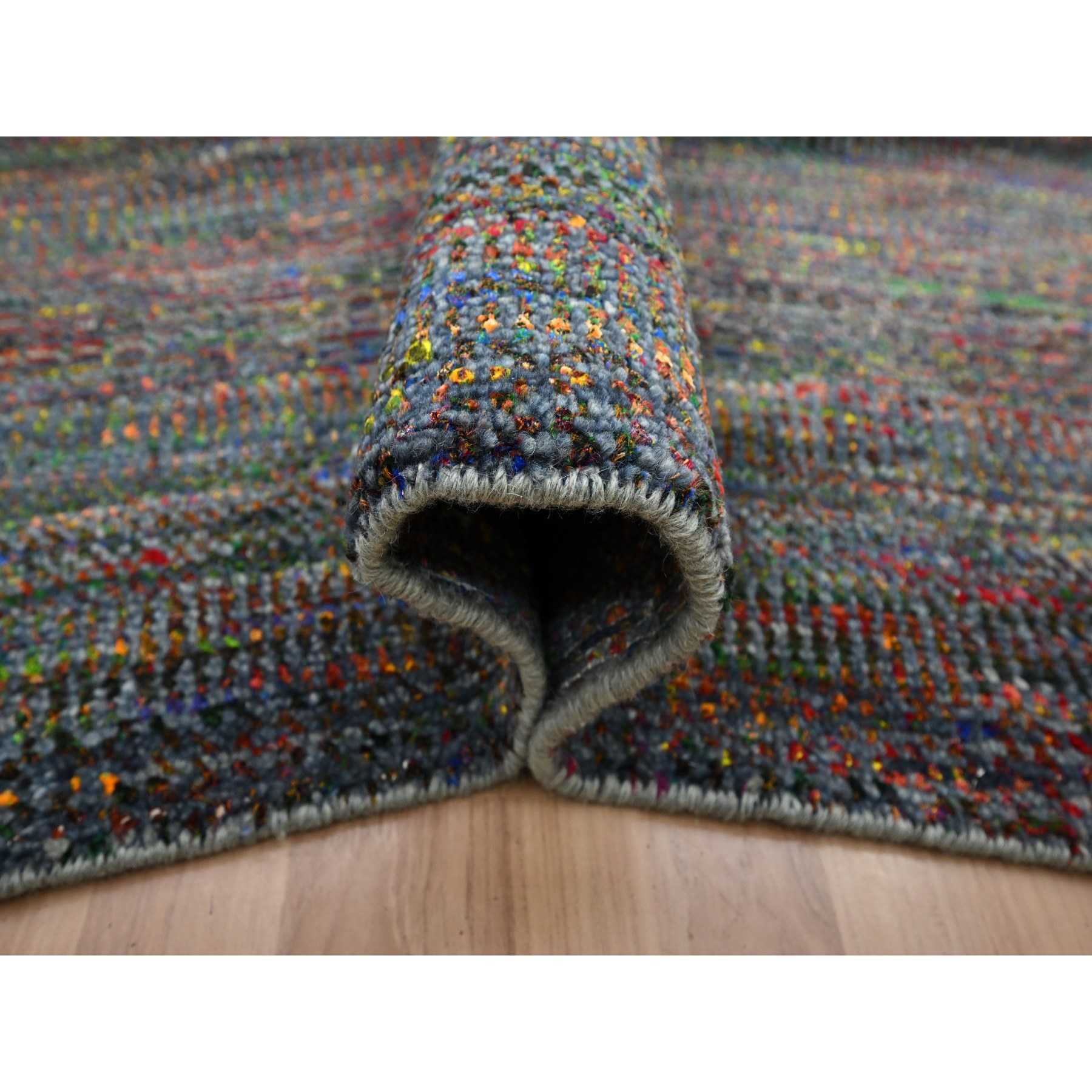 10'2"x13'10" Charcoal Gray, Modern, Hand Knotted, Colorful Grass Design, Wool and Silk, Tone on Tone, Soft Pile, Oriental Rug Sh83236