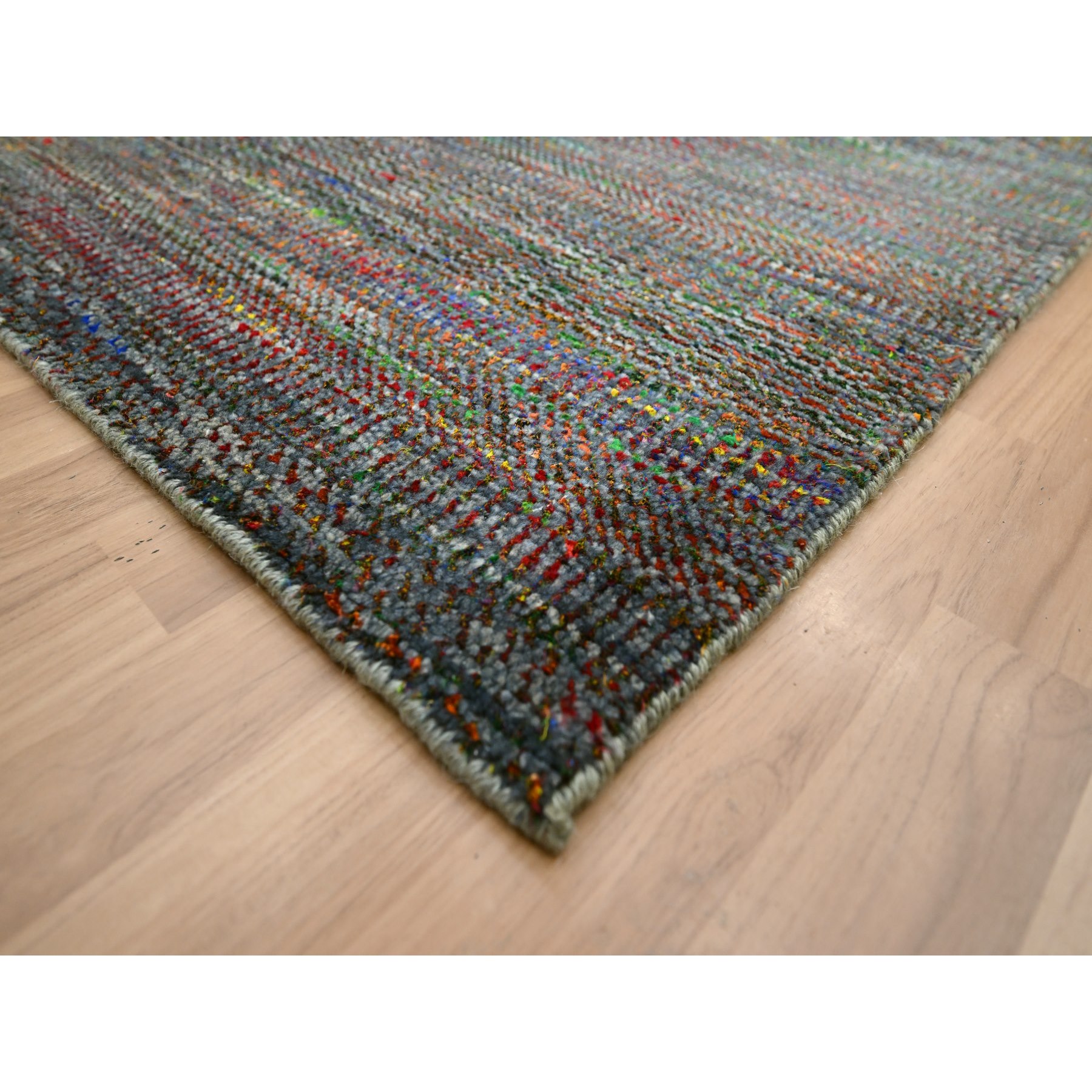 10'2"x13'10" Charcoal Gray, Modern, Hand Knotted, Colorful Grass Design, Wool and Silk, Tone on Tone, Soft Pile, Oriental Rug Sh83236