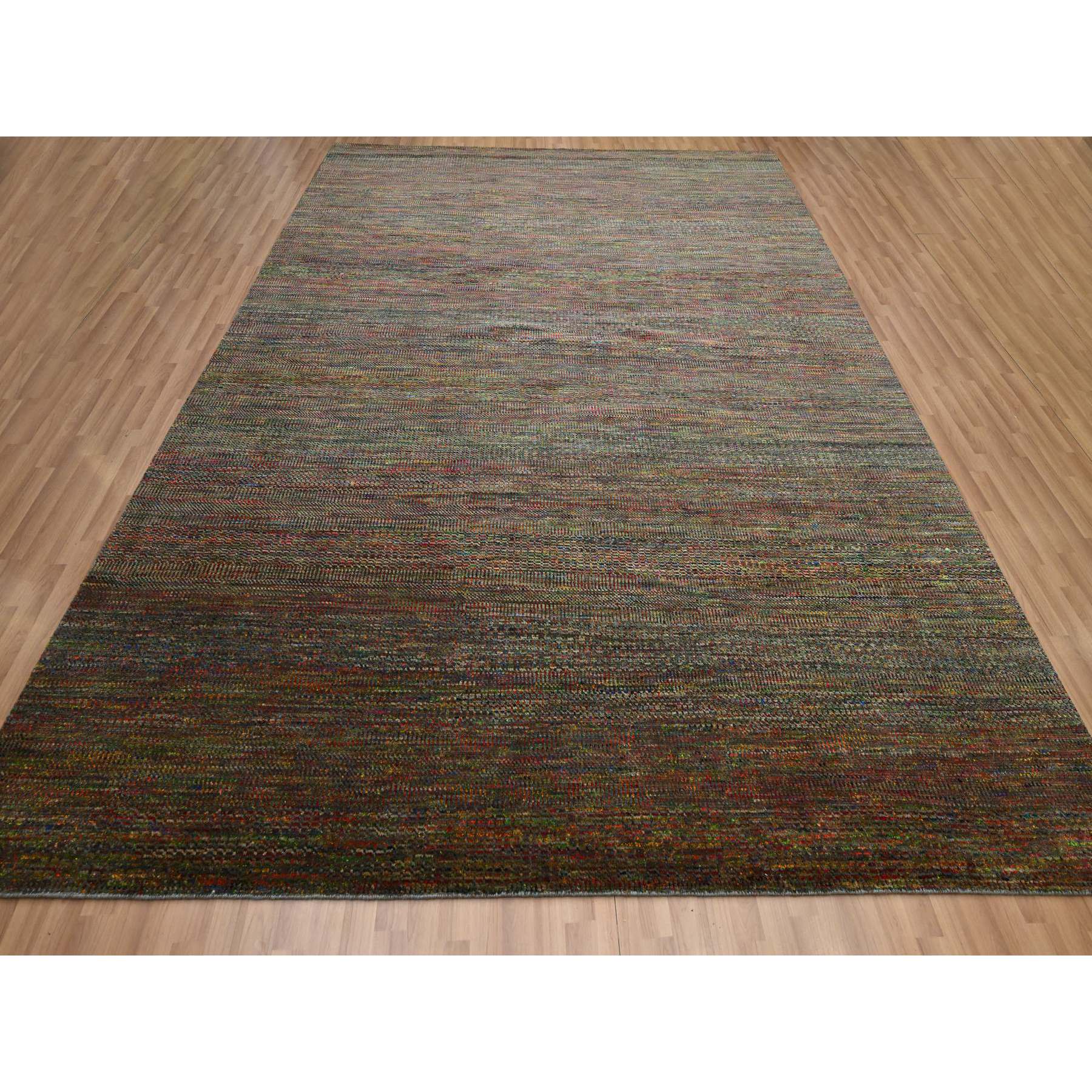 9'1"x12'2" Dark Olive Green, Wool and Silk, Modern Grass Design, Hand Knotted, Tone on Tone, Lush and Plush, Oriental Rug Sh83239