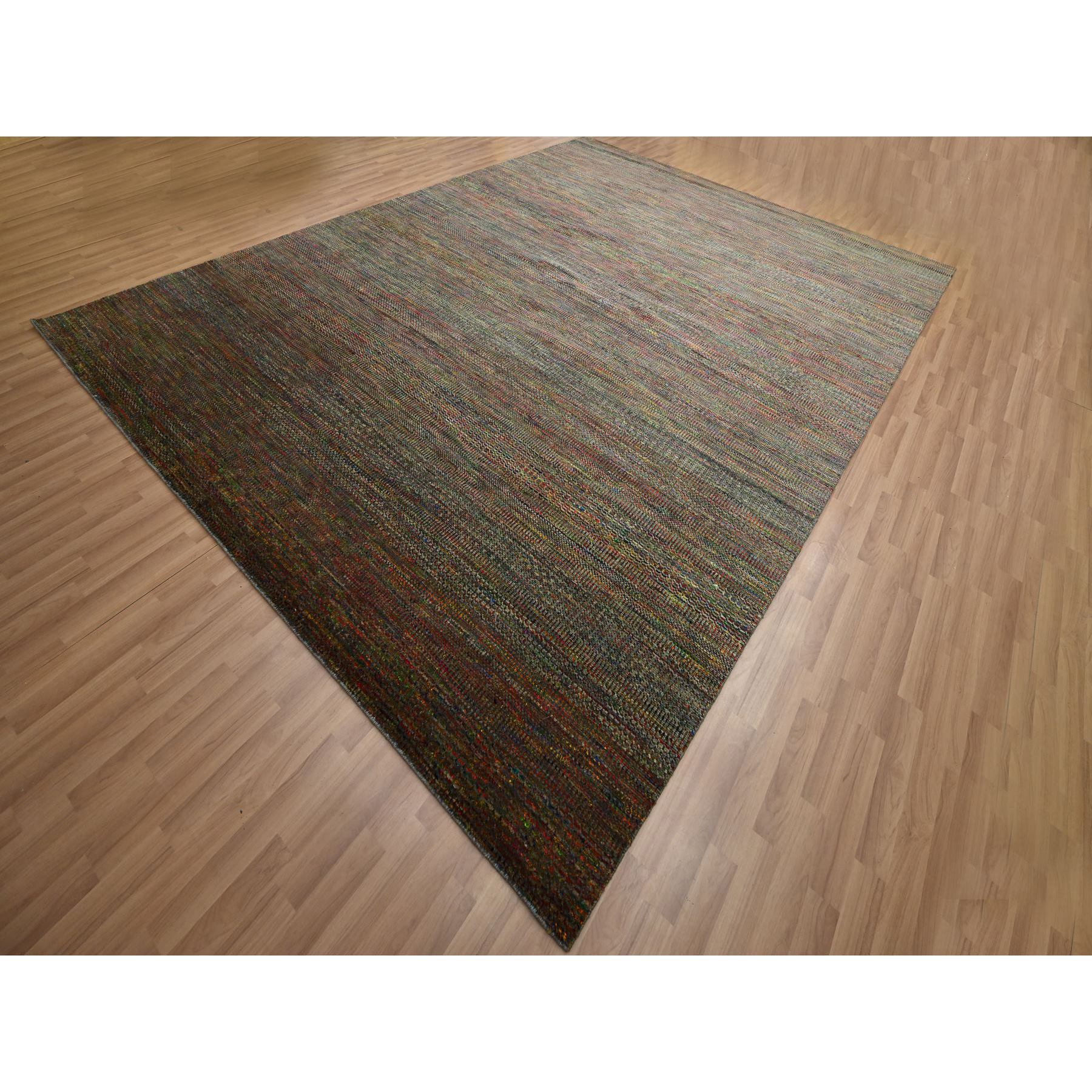 9'1"x12'2" Dark Olive Green, Wool and Silk, Modern Grass Design, Hand Knotted, Tone on Tone, Lush and Plush, Oriental Rug Sh83239