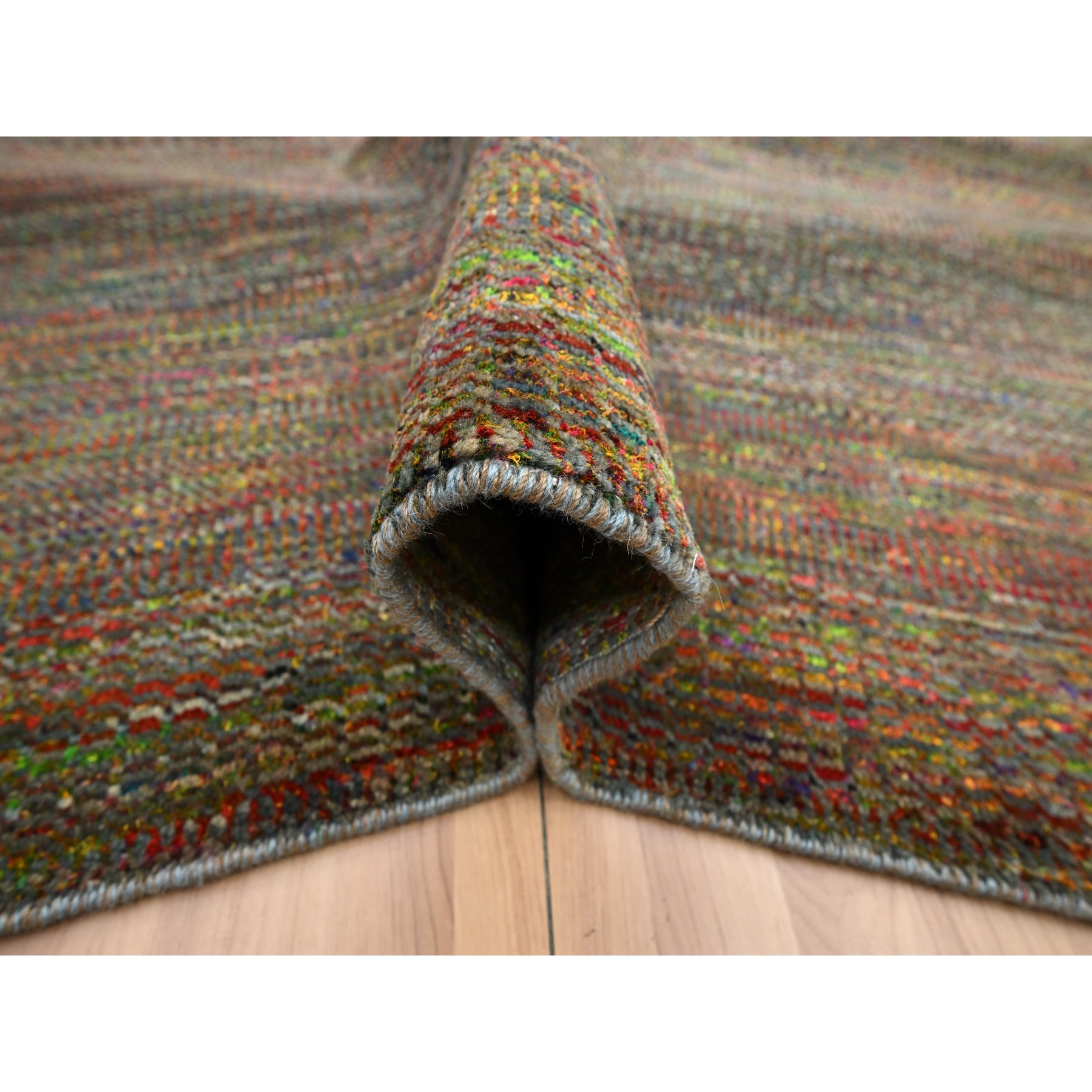9'1"x12'2" Dark Olive Green, Wool and Silk, Modern Grass Design, Hand Knotted, Tone on Tone, Lush and Plush, Oriental Rug Sh83239