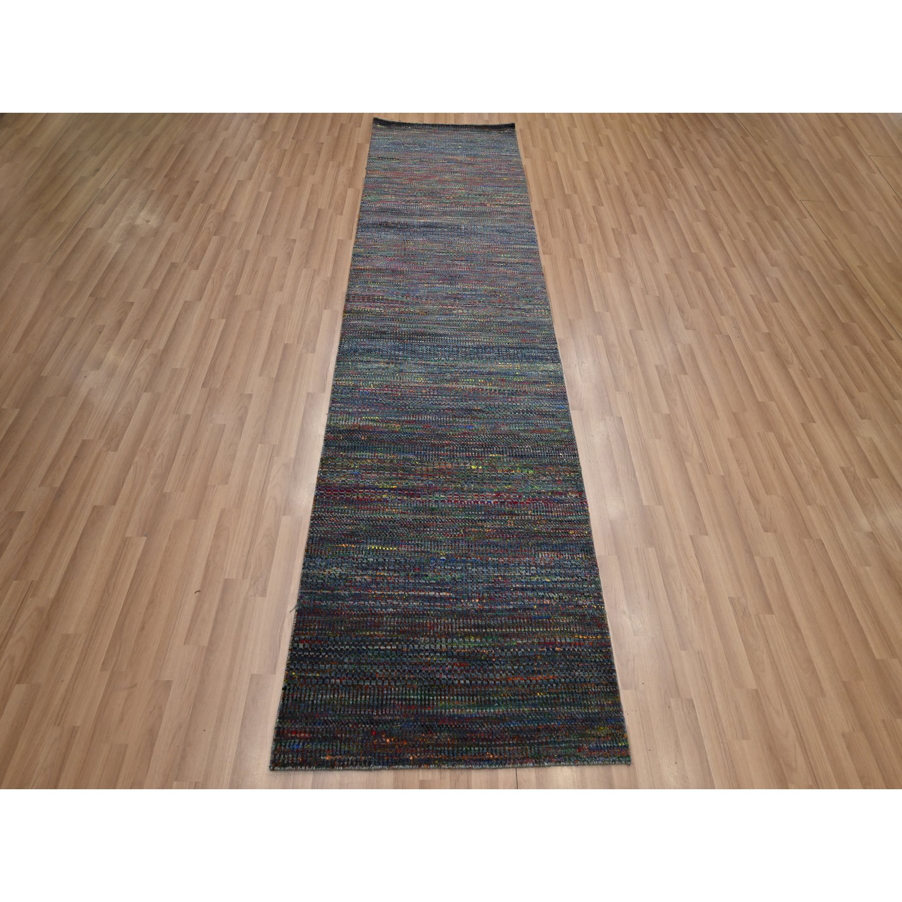 3'x10'1" Aegean Blue, Wool and Silk, Modern, Colorful Grass Design, Hand Knotted, Tone on Tone, Lush and Plush, Runner, Oriental Rug Sh83243