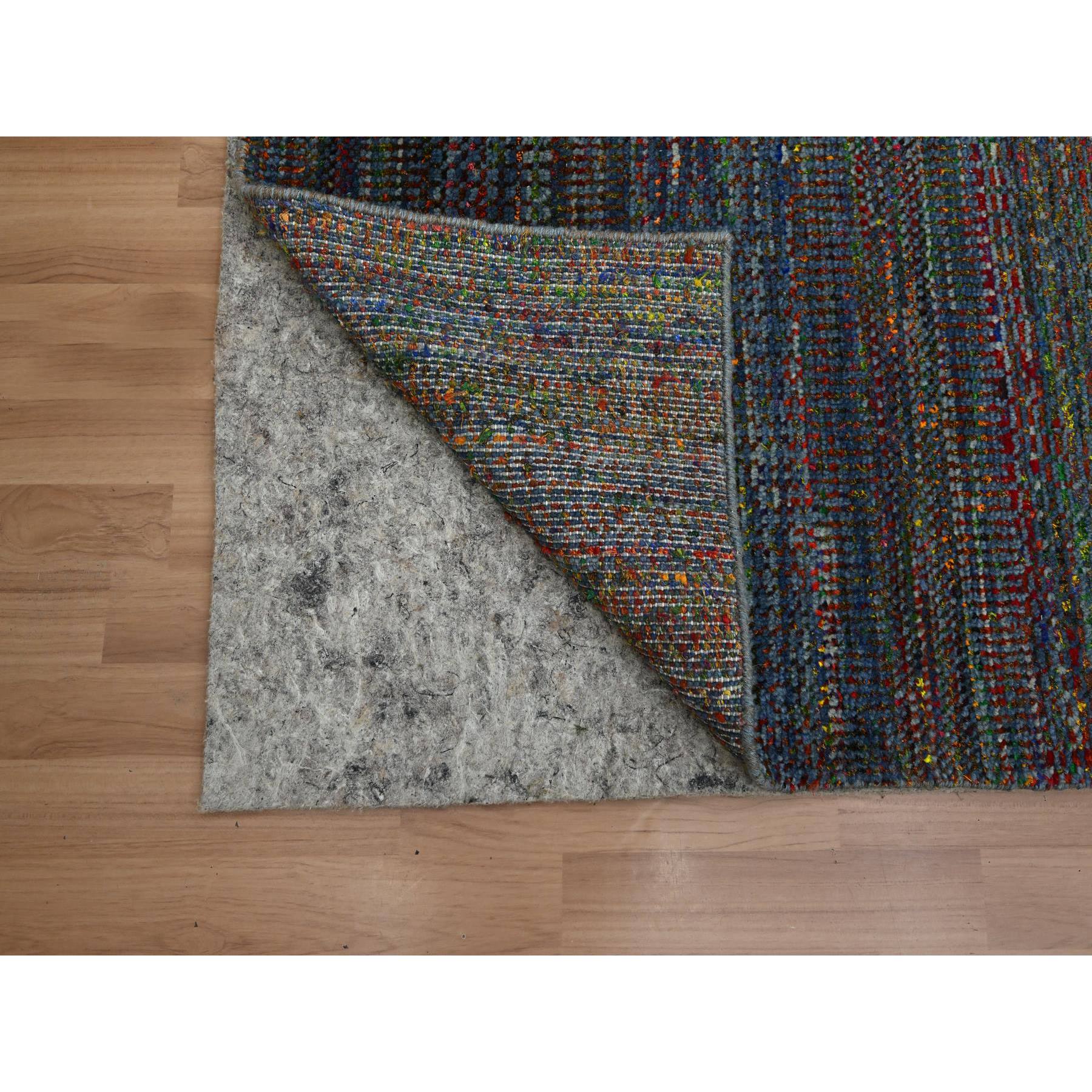 3'x10'1" Aegean Blue, Wool and Silk, Modern, Colorful Grass Design, Hand Knotted, Tone on Tone, Lush and Plush, Runner, Oriental Rug Sh83243
