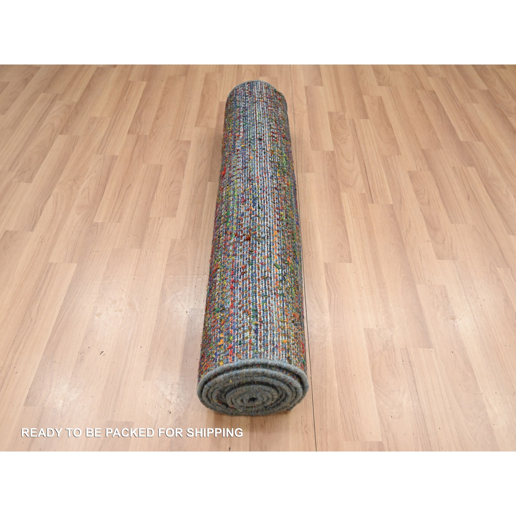3'x10'1" Aegean Blue, Wool and Silk, Modern, Colorful Grass Design, Hand Knotted, Tone on Tone, Lush and Plush, Runner, Oriental Rug Sh83243