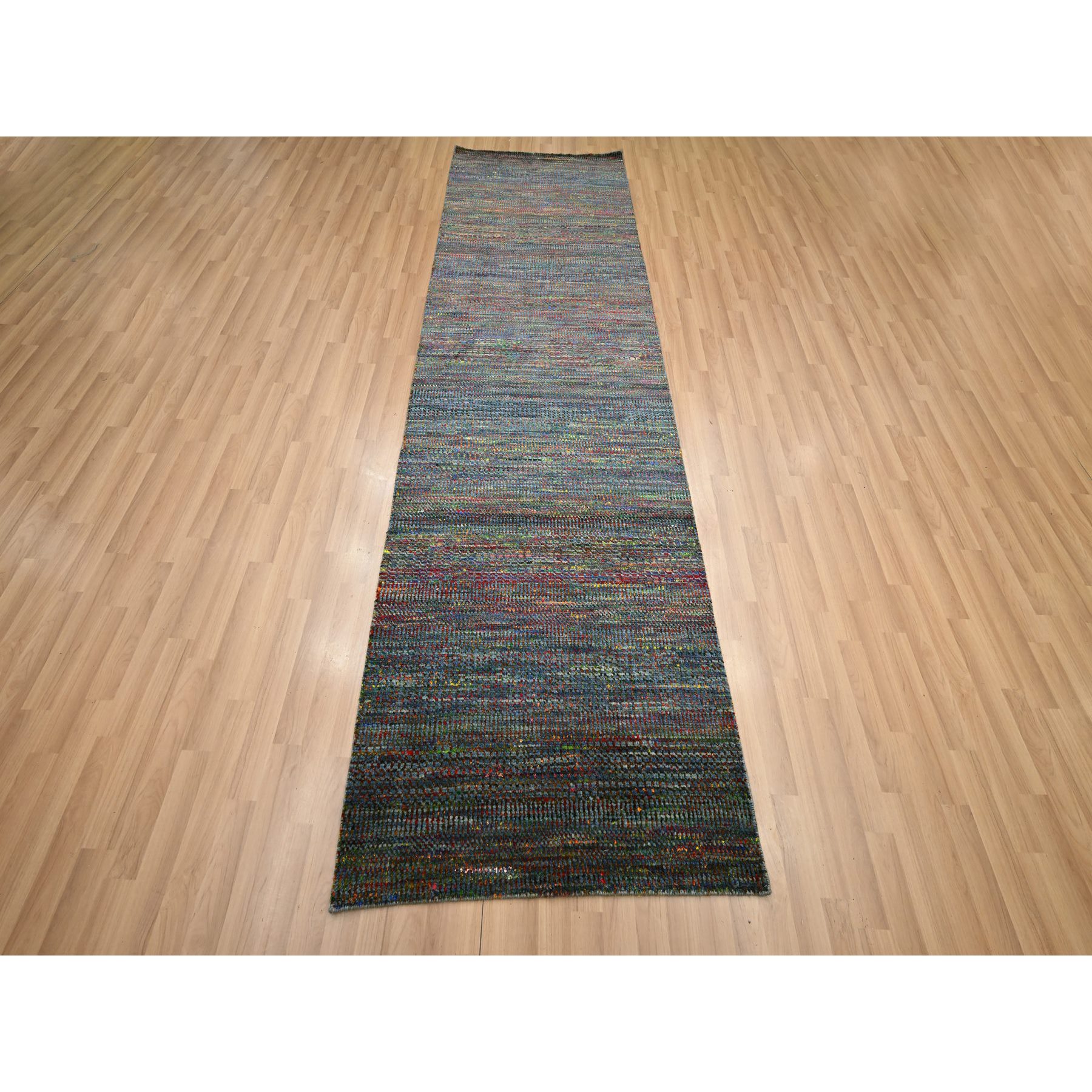 3'x10'2" Cobalt Blue, Hand Knotted, Colorful Grass Design, Wool and Silk, Tone on Tone, Modern, Lush and Plush, Runner, Oriental Rug Sh83244