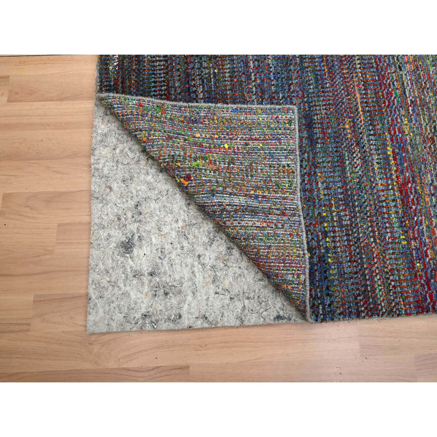 3'x10'2" Cobalt Blue, Hand Knotted, Colorful Grass Design, Wool and Silk, Tone on Tone, Modern, Lush and Plush, Runner, Oriental Rug Sh83244