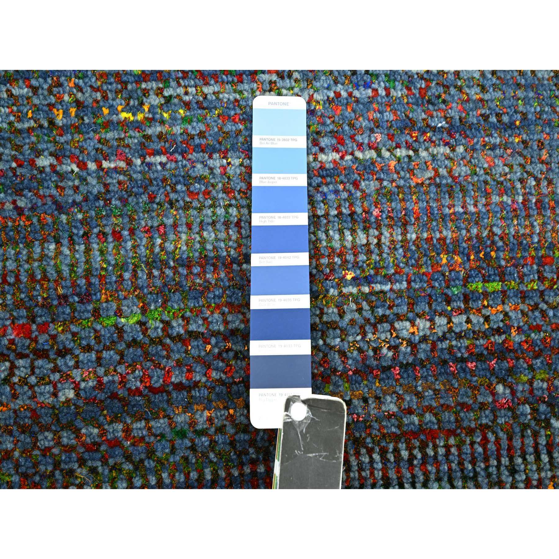 3'x10'2" Cobalt Blue, Hand Knotted, Colorful Grass Design, Wool and Silk, Tone on Tone, Modern, Lush and Plush, Runner, Oriental Rug Sh83244