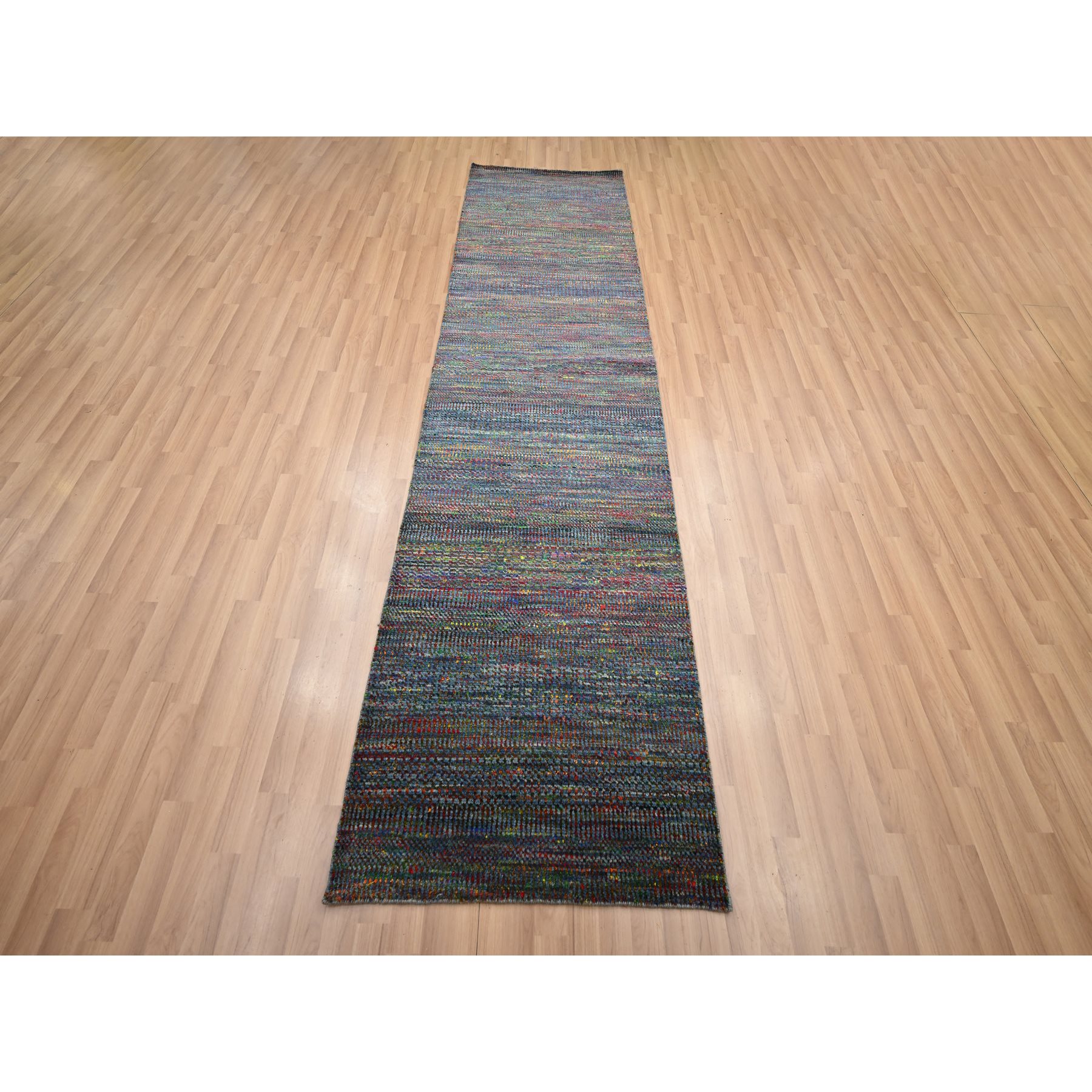 2'9"x10'2" Yale Blue, Colorful Grass Design, Wool and Silk, Modern, Hand Knotted, Tone on Tone, Lush and Plush, Runner, Oriental Rug Sh83245
