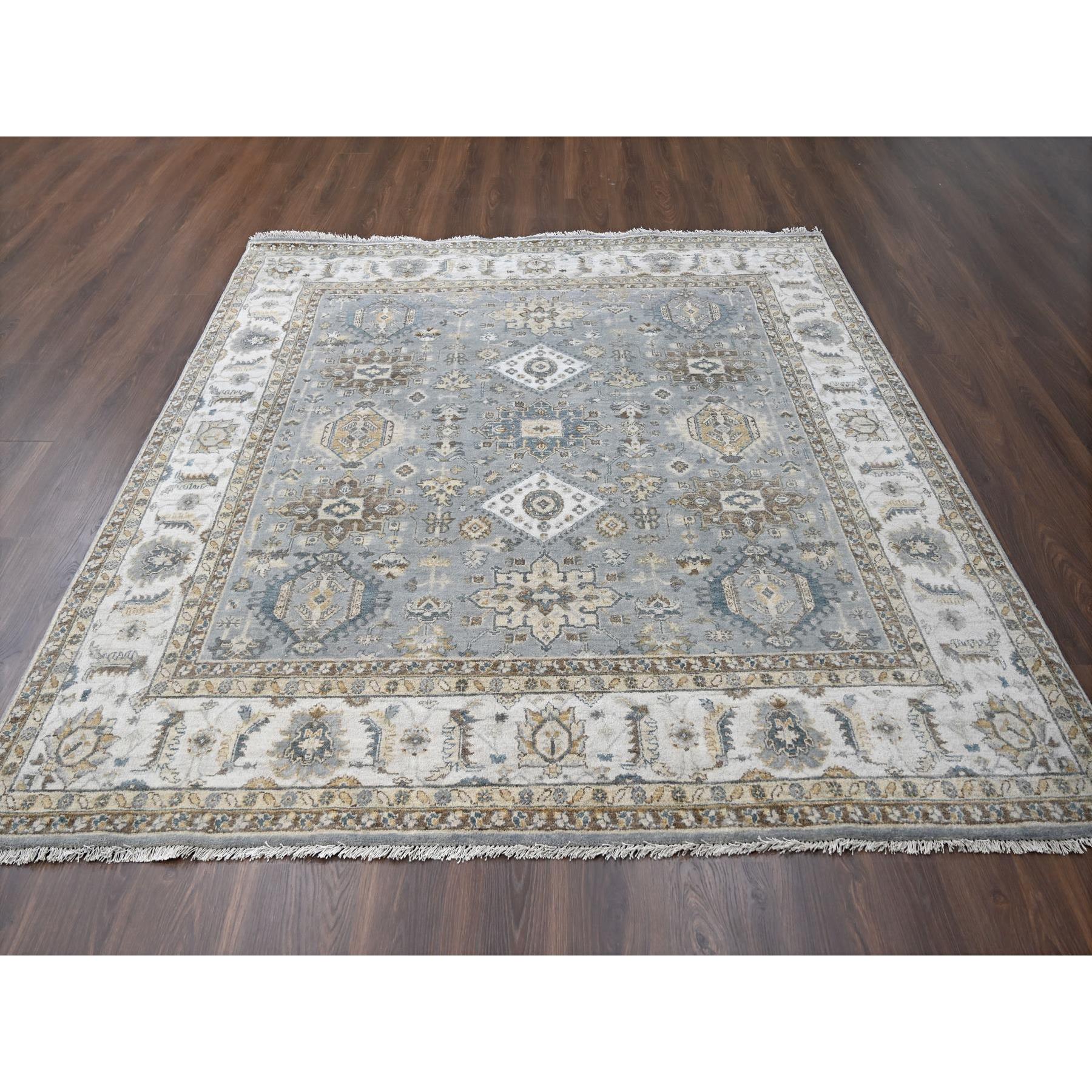 8'x8' Gray and Ivory, Karajeh Design with Geometric Medallion, Natural Wool, Square Oriental Rug Sh84205