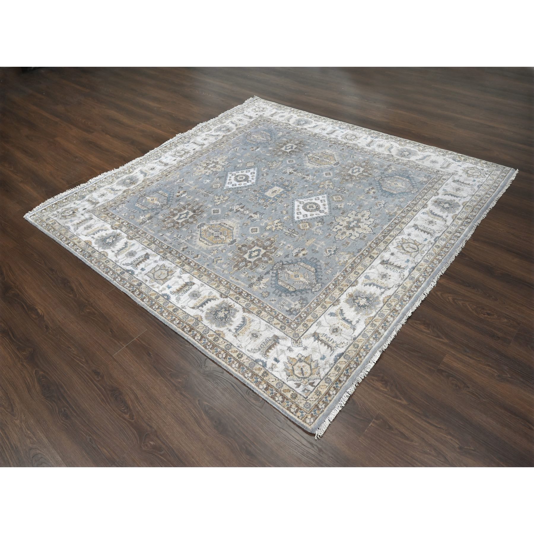 8'x8' Gray and Ivory, Karajeh Design with Geometric Medallion, Natural Wool, Square Oriental Rug Sh84205