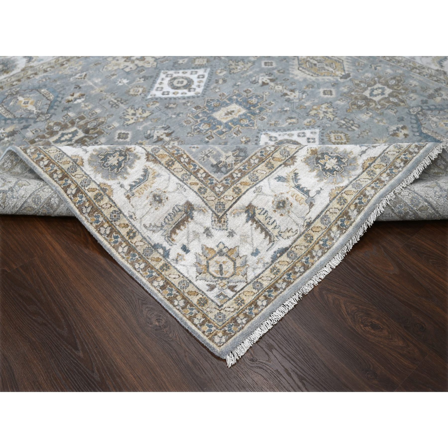 8'x8' Gray and Ivory, Karajeh Design with Geometric Medallion, Natural Wool, Square Oriental Rug Sh84205