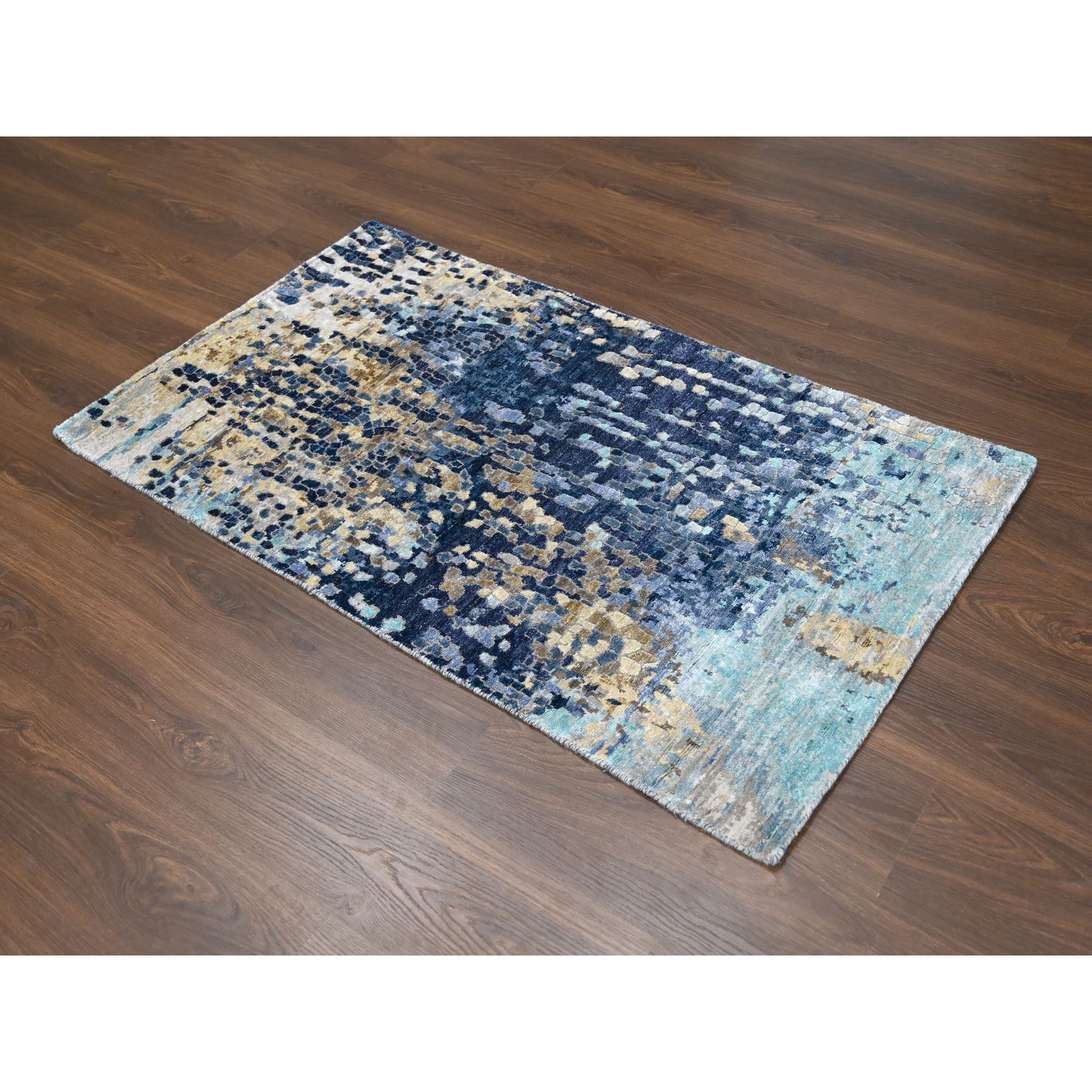 3'2"x5' Denim Blue, Hand Knotted, Mosaic Design with Mix of Gold, Wool and Silk, Persian Knot, Oriental Rug Sh84259