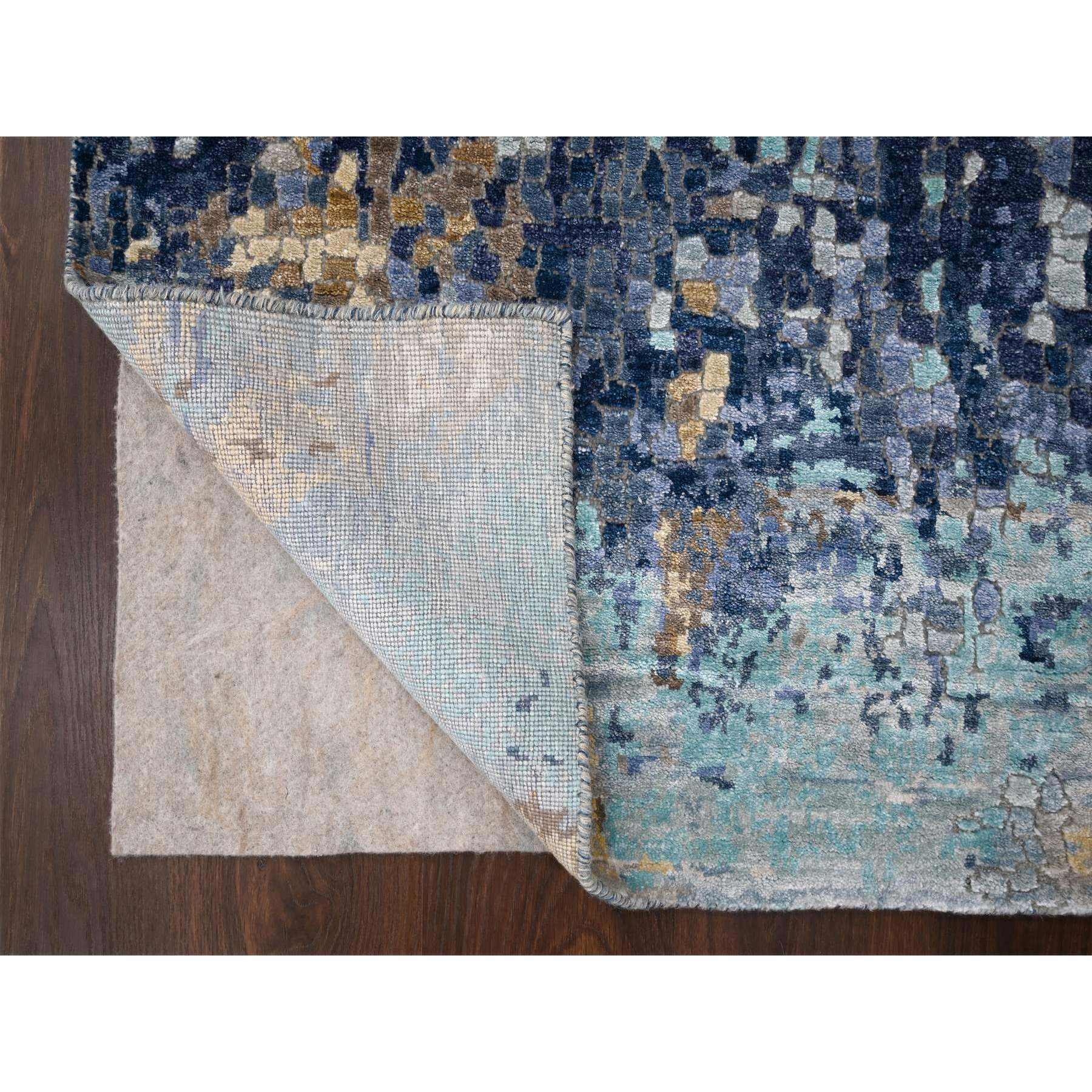 3'2"x5' Denim Blue, Hand Knotted, Mosaic Design with Mix of Gold, Wool and Silk, Persian Knot, Oriental Rug Sh84259