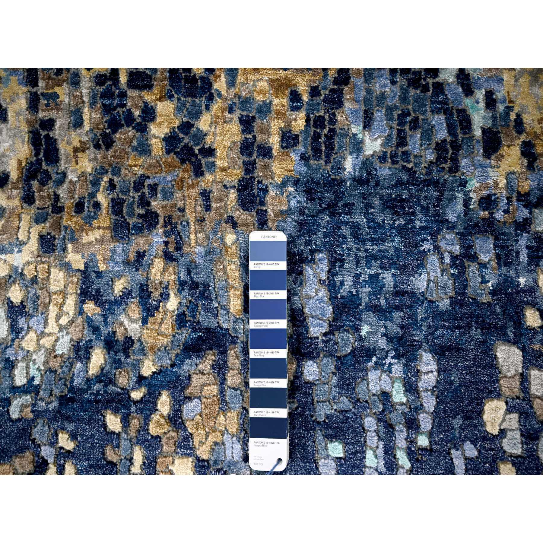 3'2"x5' Denim Blue, Hand Knotted, Mosaic Design with Mix of Gold, Wool and Silk, Persian Knot, Oriental Rug Sh84259