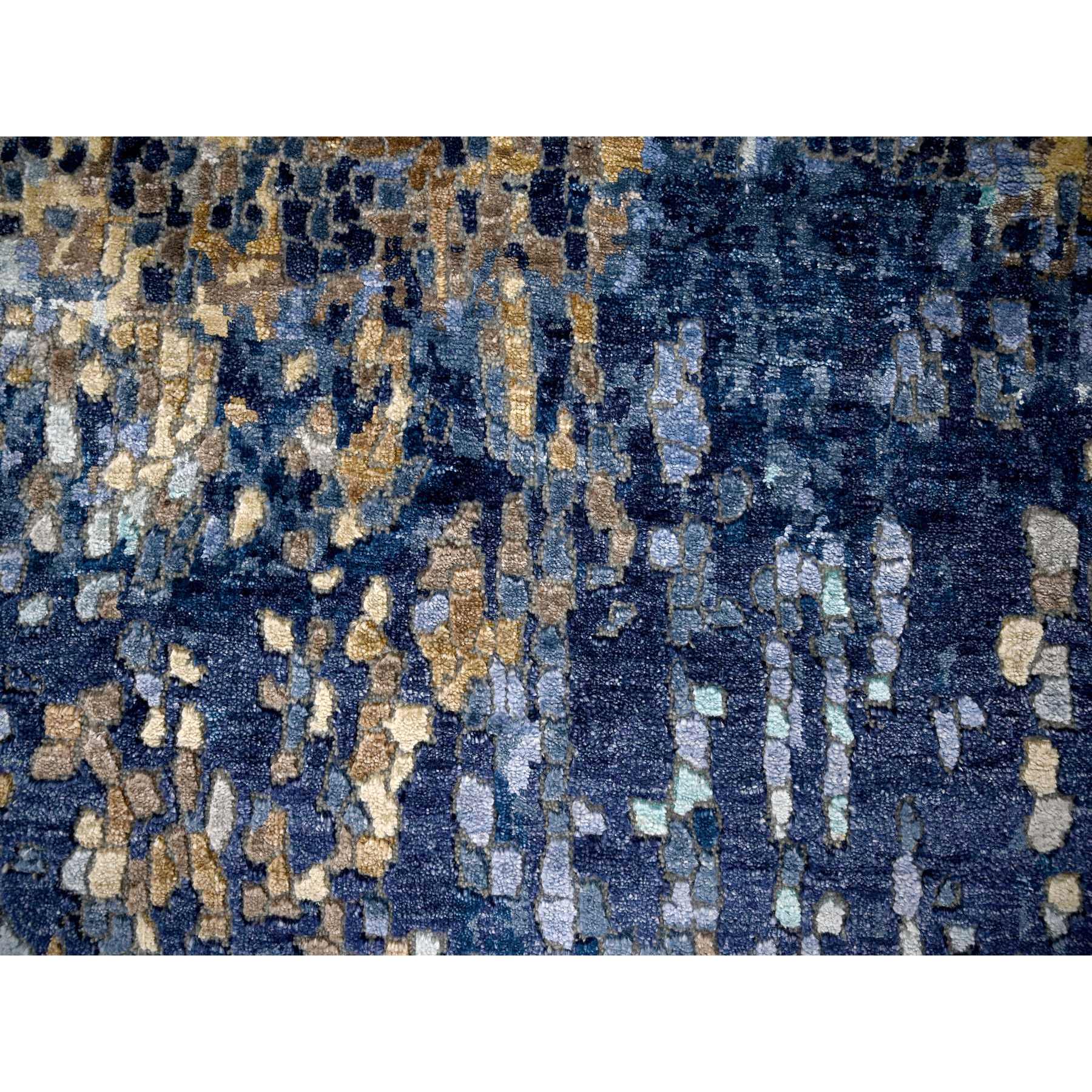 3'2"x5' Denim Blue, Hand Knotted, Mosaic Design with Mix of Gold, Wool and Silk, Persian Knot, Oriental Rug Sh84259