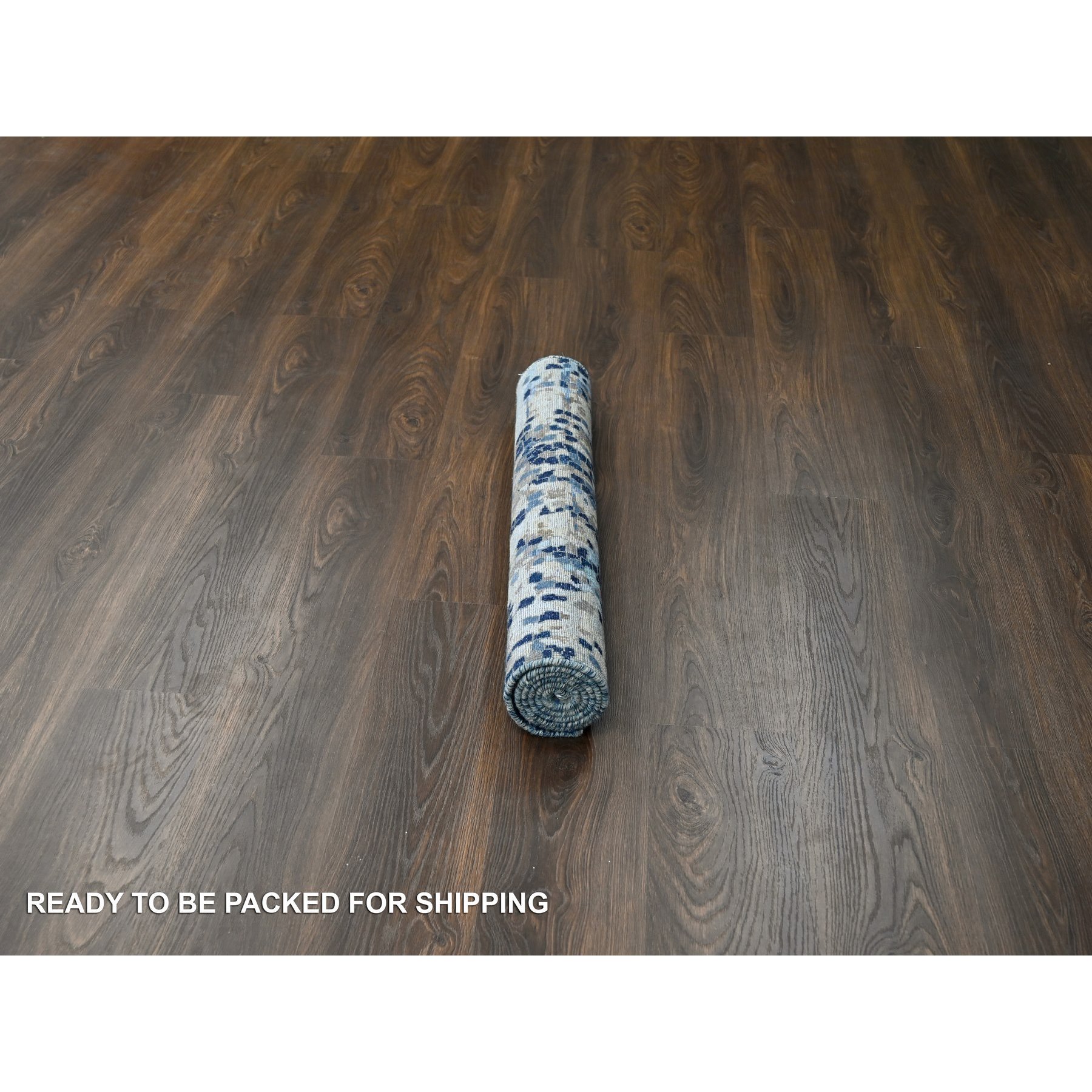 3'2"x5' Denim Blue, Hand Knotted, Mosaic Design with Mix of Gold, Wool and Silk, Persian Knot, Oriental Rug Sh84259