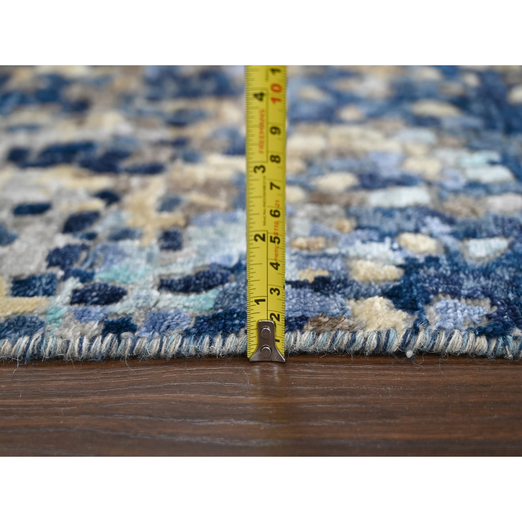 3'2"x5' Denim Blue, Hand Knotted, Mosaic Design with Mix of Gold, Wool and Silk, Persian Knot, Oriental Rug Sh84259