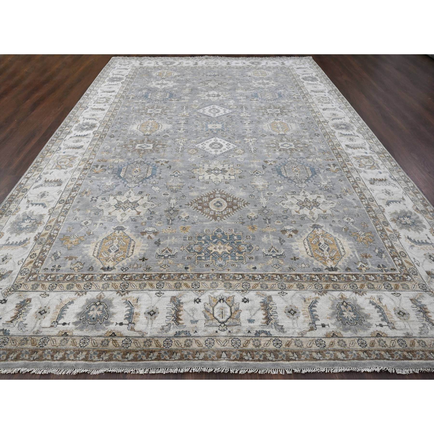 10'x13'9" Rainer Gray and Heron White, Karajeh All Over Geometric Design, Hand Knotted, Natural Dyes, 100% Wool, Oriental Rug Sh84847