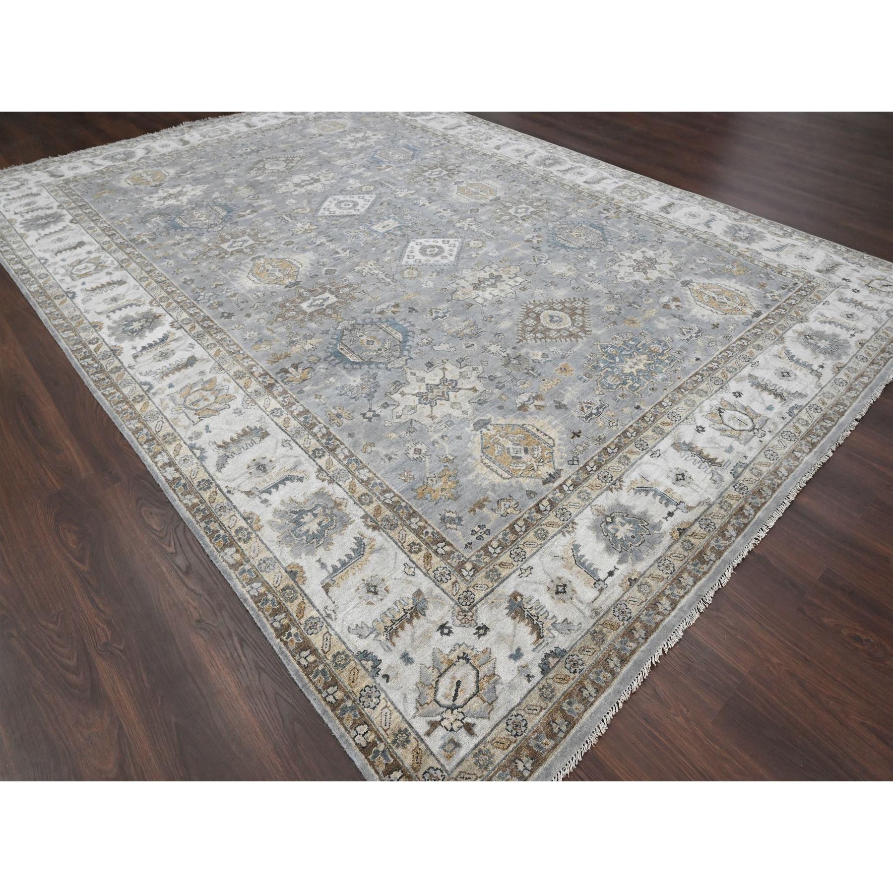 10'x13'9" Rainer Gray and Heron White, Karajeh All Over Geometric Design, Hand Knotted, Natural Dyes, 100% Wool, Oriental Rug Sh84847