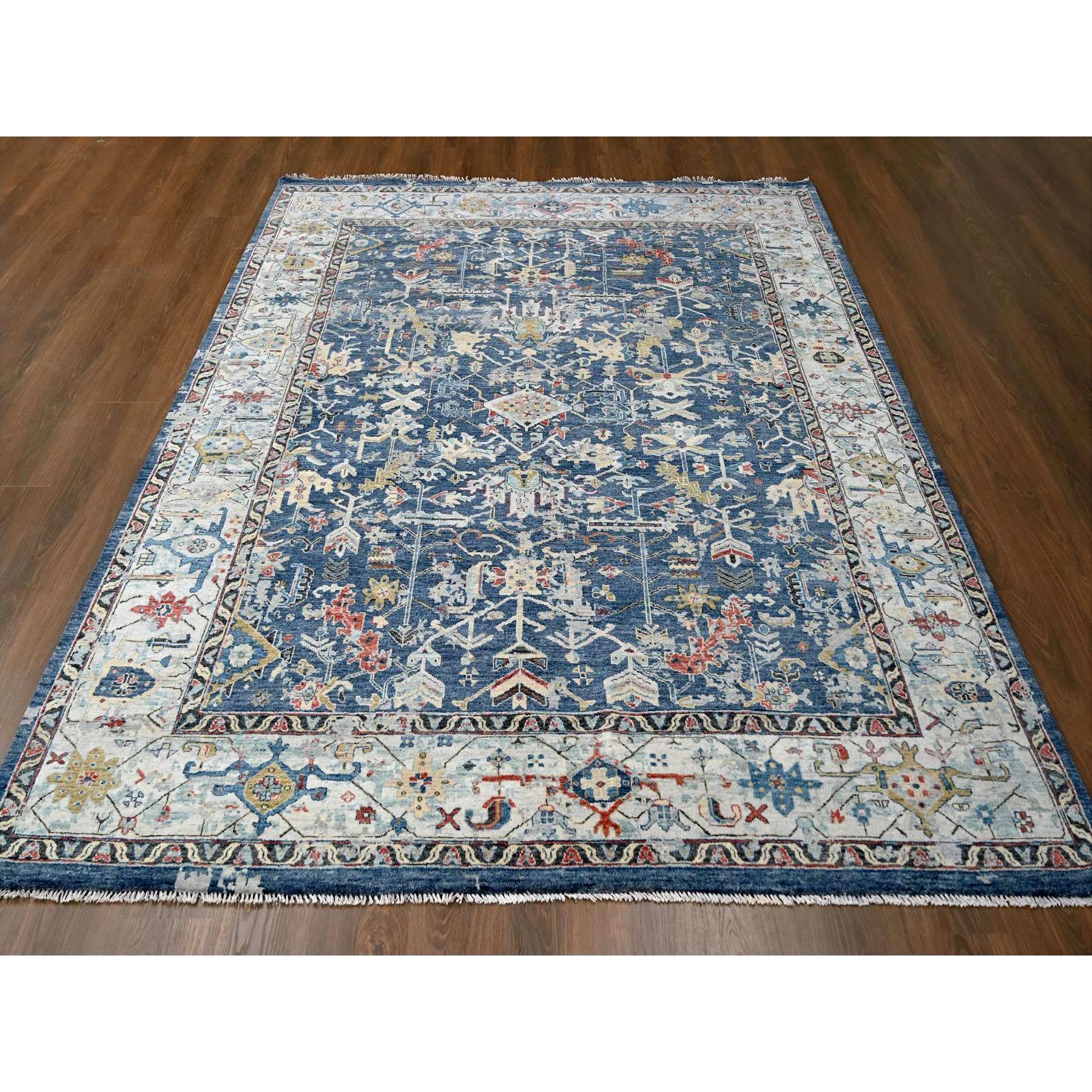 8'x9'9" Meditative Blue, Densely Woven, Broken and Erased Hand Knotted Persian Heriz All Over Design With Soft Color Palette, Shiny Wool, Oriental Rug Sh84971