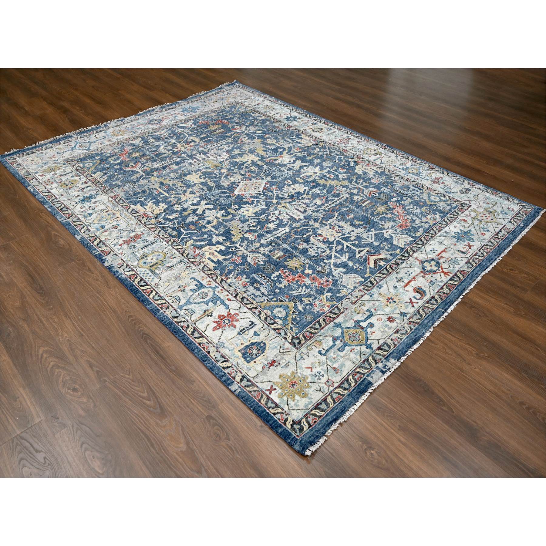 8'x9'9" Meditative Blue, Densely Woven, Broken and Erased Hand Knotted Persian Heriz All Over Design With Soft Color Palette, Shiny Wool, Oriental Rug Sh84971
