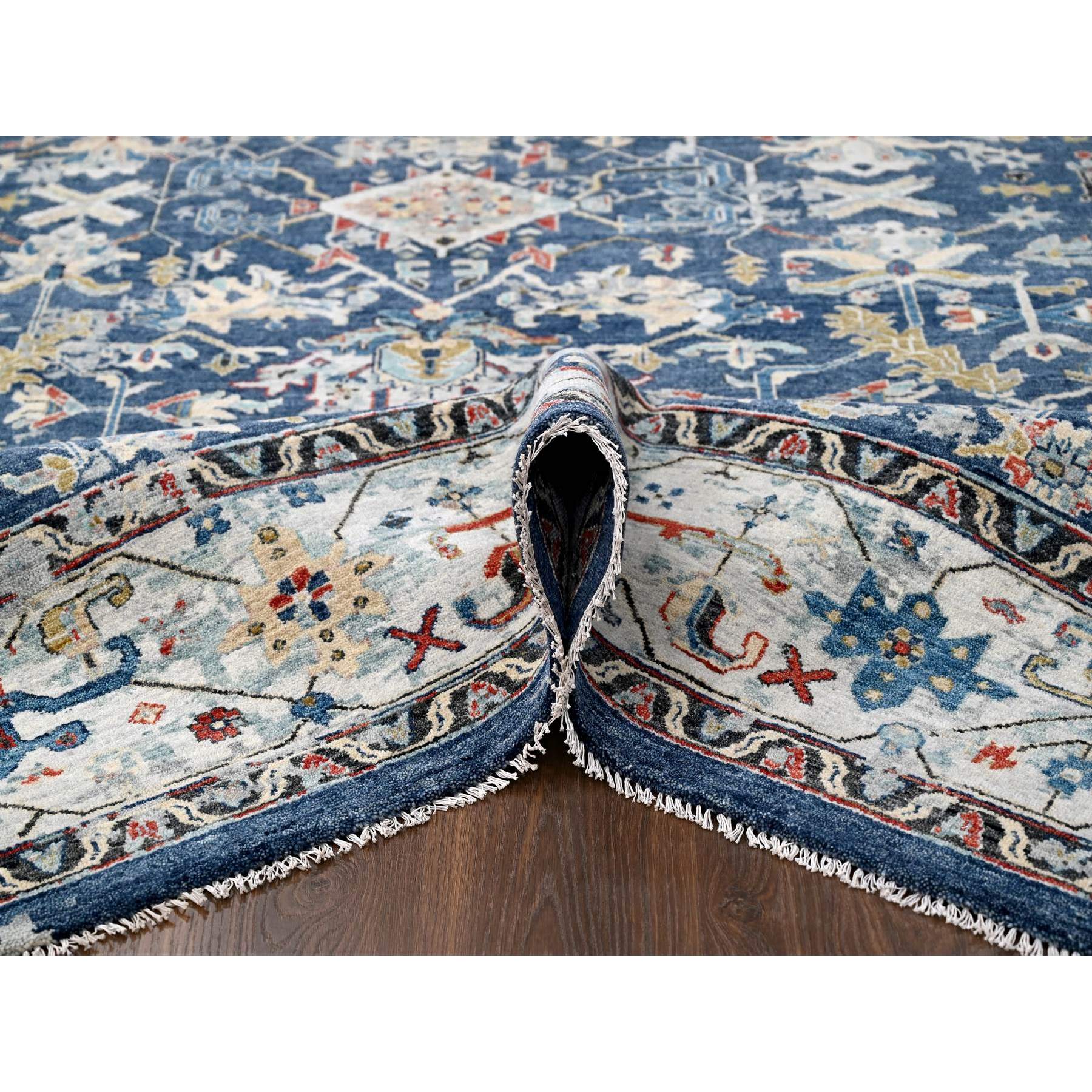 8'x9'9" Meditative Blue, Densely Woven, Broken and Erased Hand Knotted Persian Heriz All Over Design With Soft Color Palette, Shiny Wool, Oriental Rug Sh84971